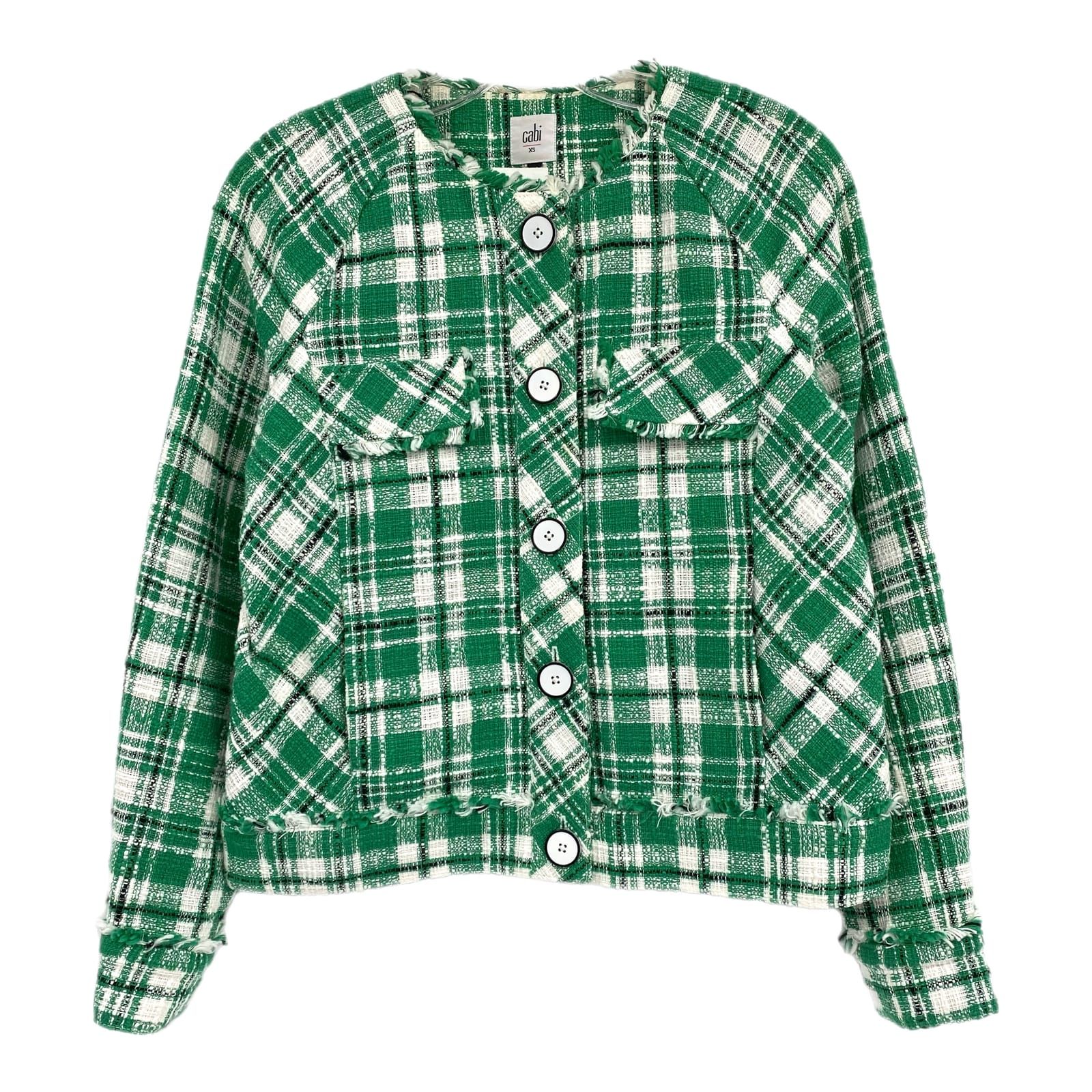 CAbi Green White Plaid Tweed Library Jacket