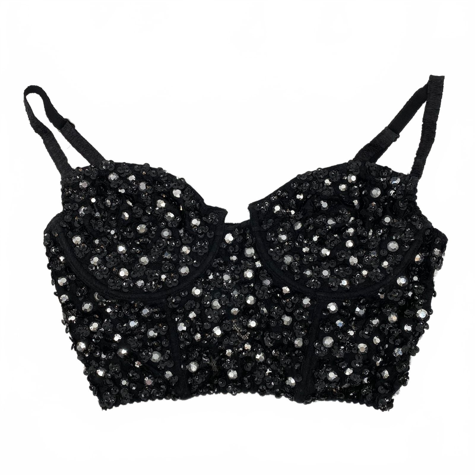 DKNY Black Vintage Sequin Rhinestone Lace Cropped Bustier Top