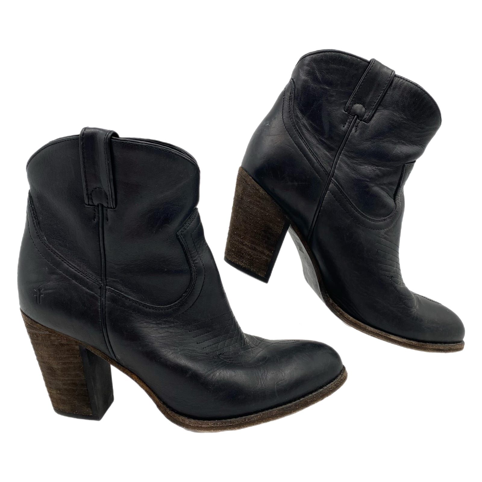 Frye Black Leather Heeled Western Ankle Boots