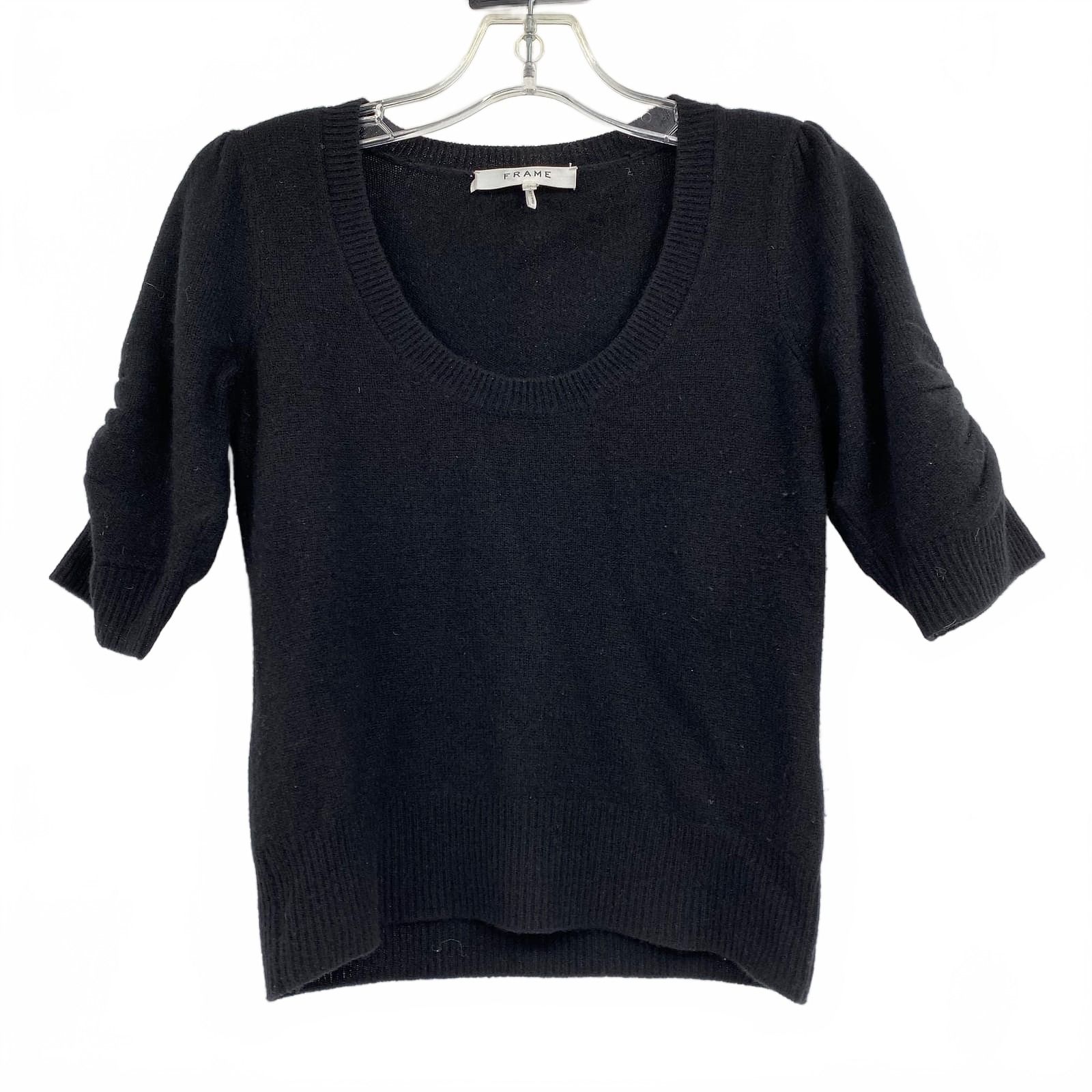 Frame Black Cashmere Ruched Short Sleeve Scoop Neck Sweater