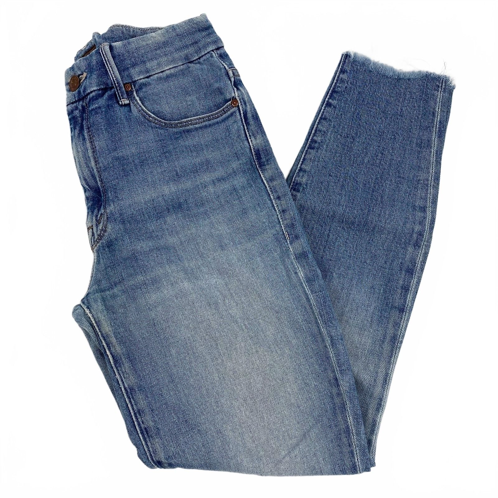 Mother Blue Light Wash High Waisted Looker Ankle Fray Jeans