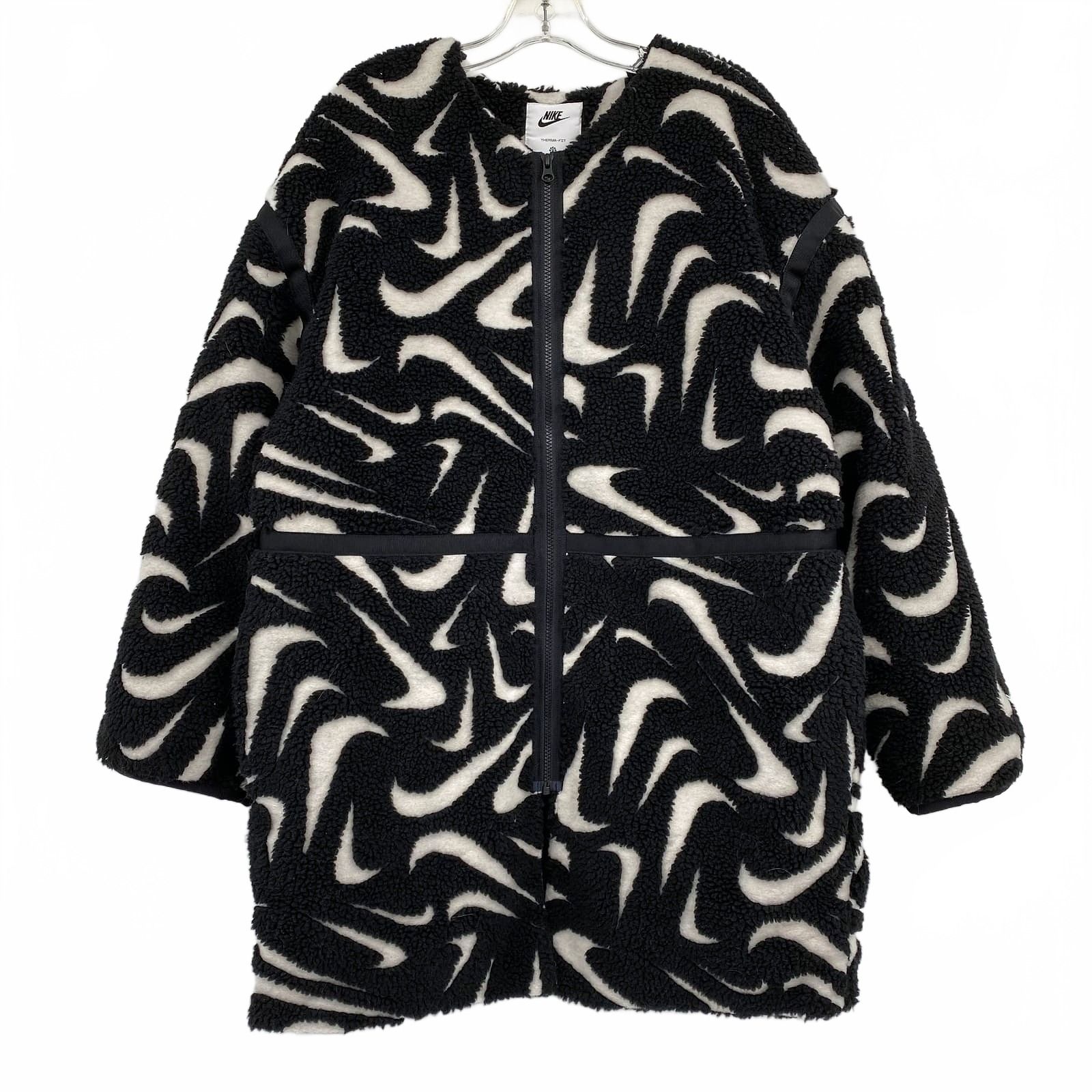 Nike Black White Chunky Fleece Swoosh Print Teddy Jacket