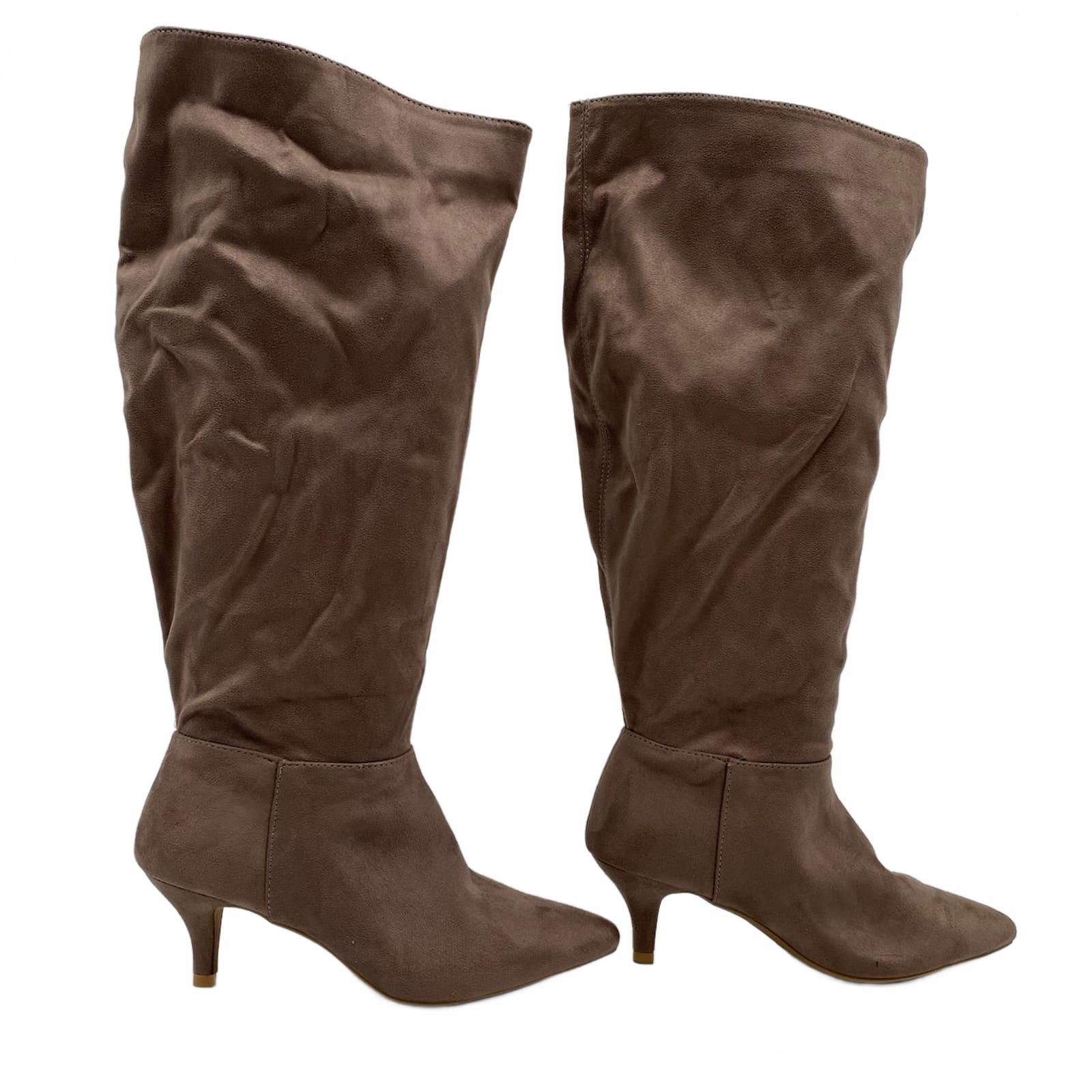 Brown Faux Suede Kitten Heel Knee-High Boots