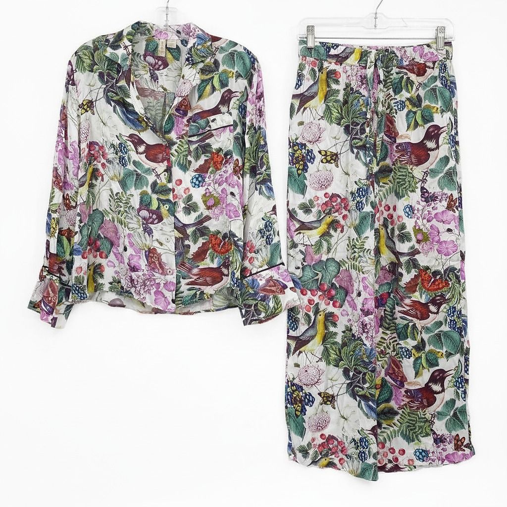 Lyrebird Green White Satin Floral Garden Pajama Set