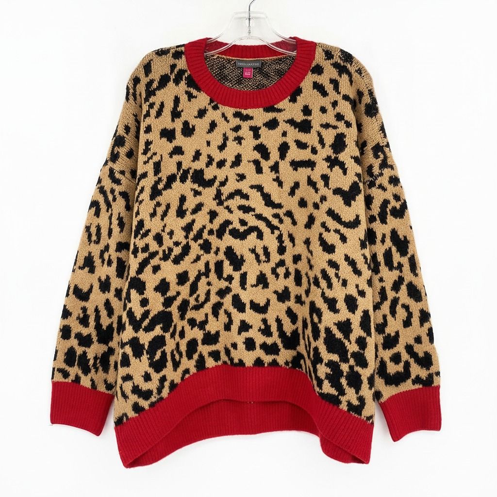 Vince Camuto Brown Red Black Leopard Print Knit Sweater