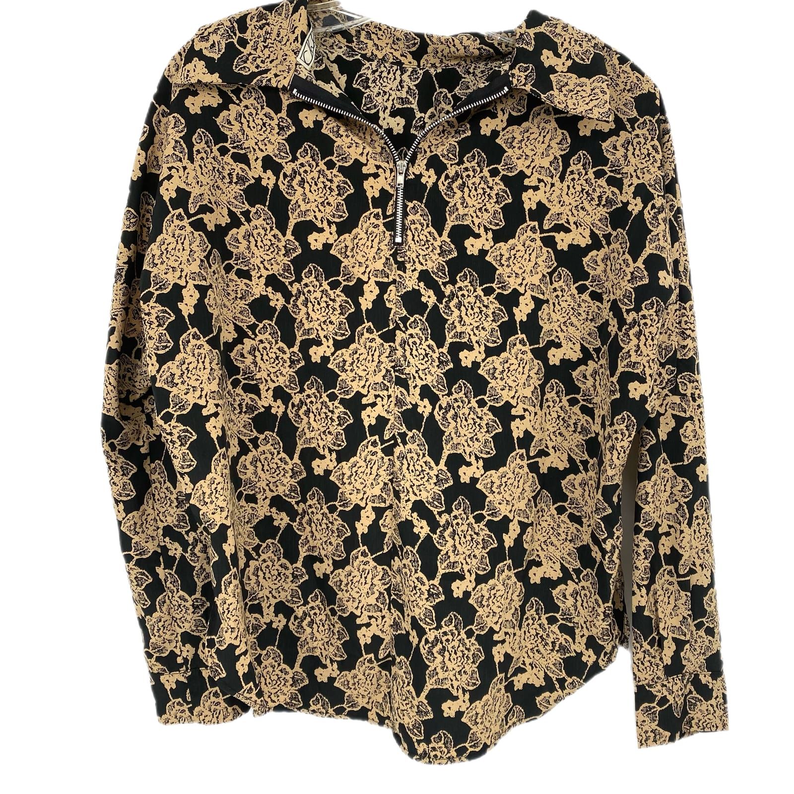 Chloe K Black Tan Floral V-Neck Zip Blouse