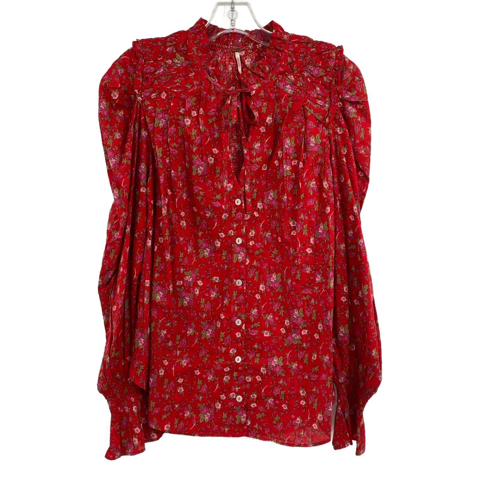 Free People Red Floral Cotton Blouse