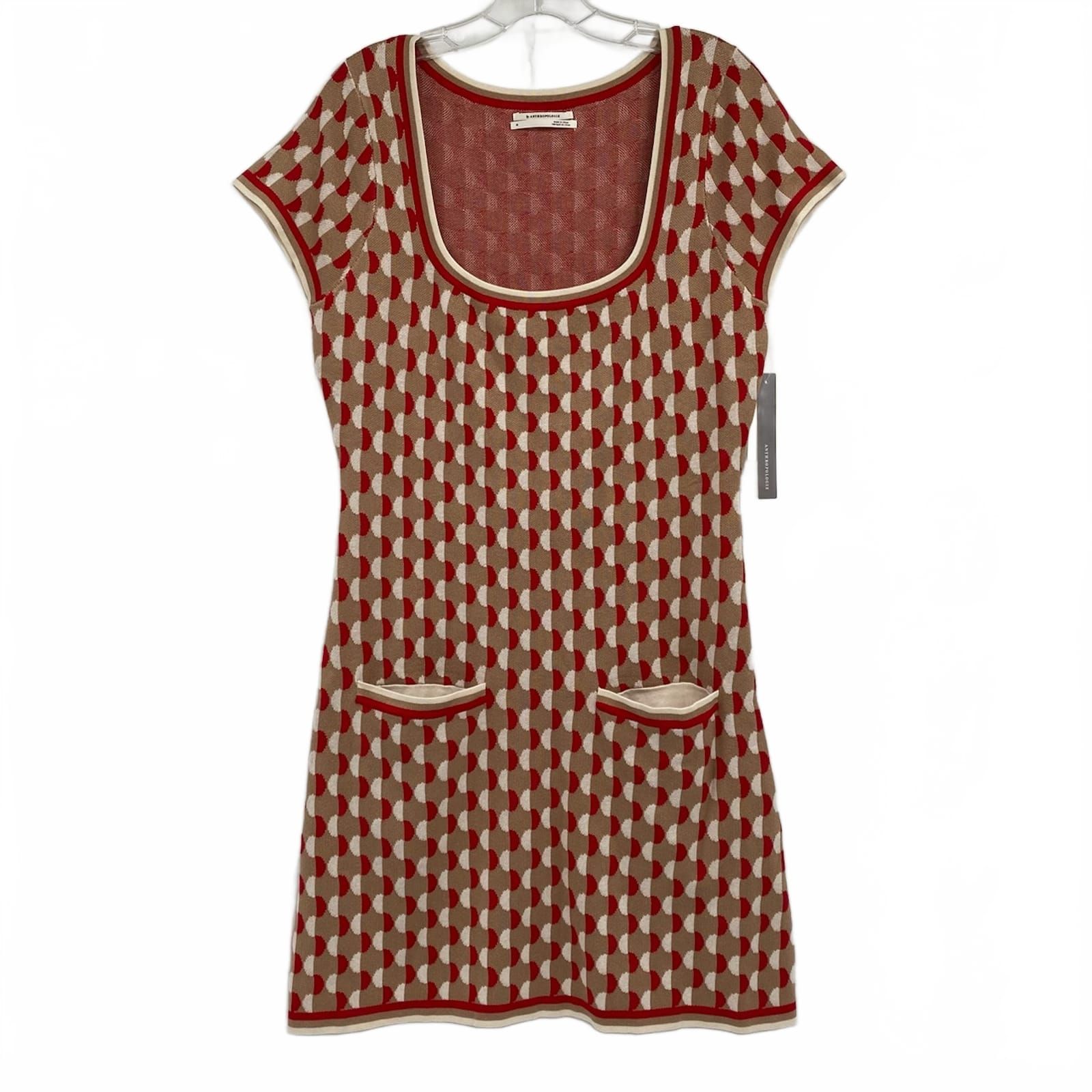 Anthropologie Red Tan Geometric Knit Mini Dress