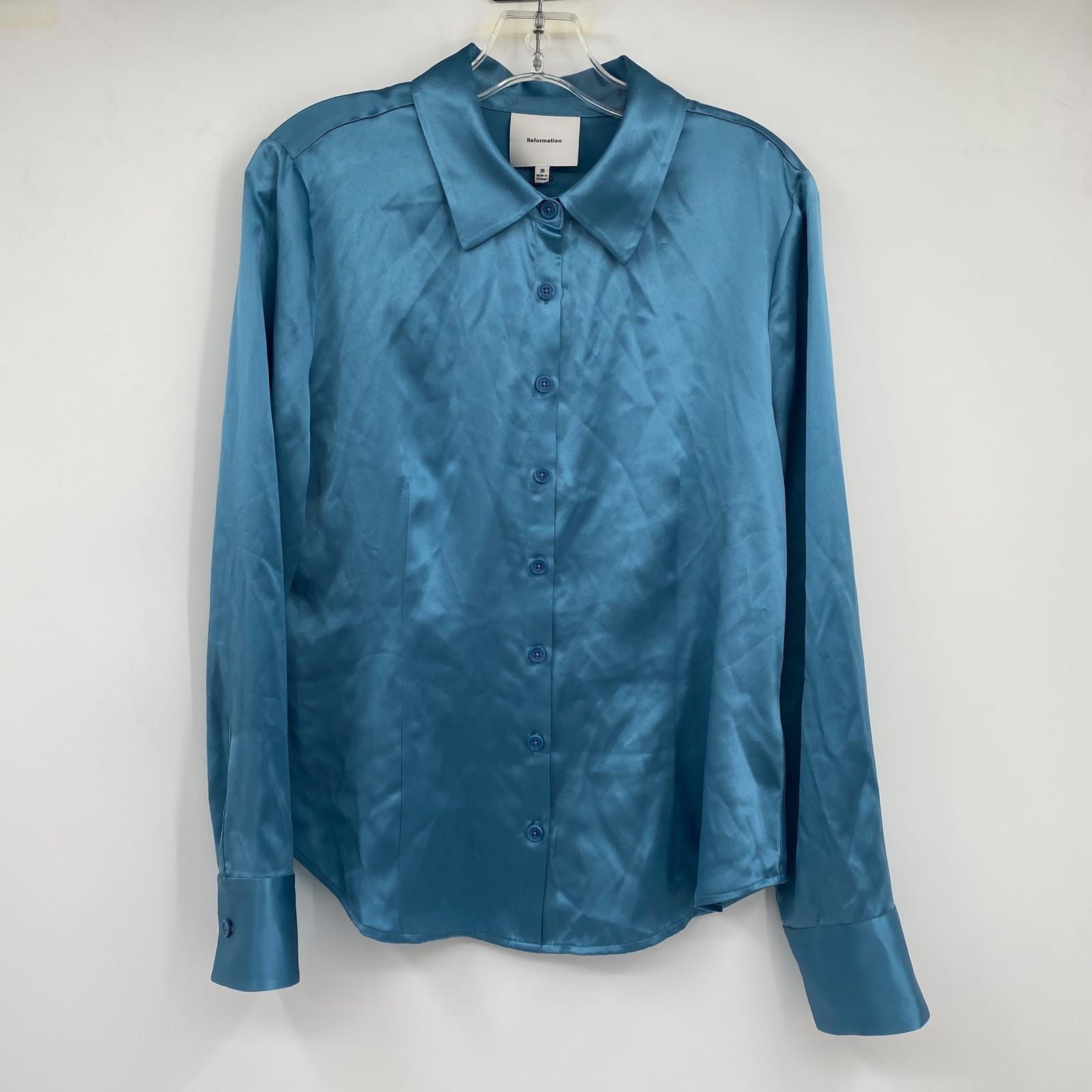 Reformation Blue Button-Up Shirt Front Button Closure