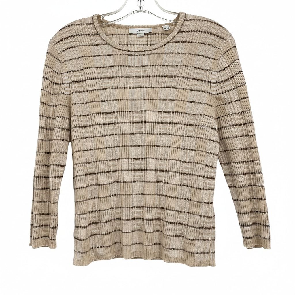 Vince Tan Brown Sweater Ribbed Striped 3/4 Sleeve Knit Top
