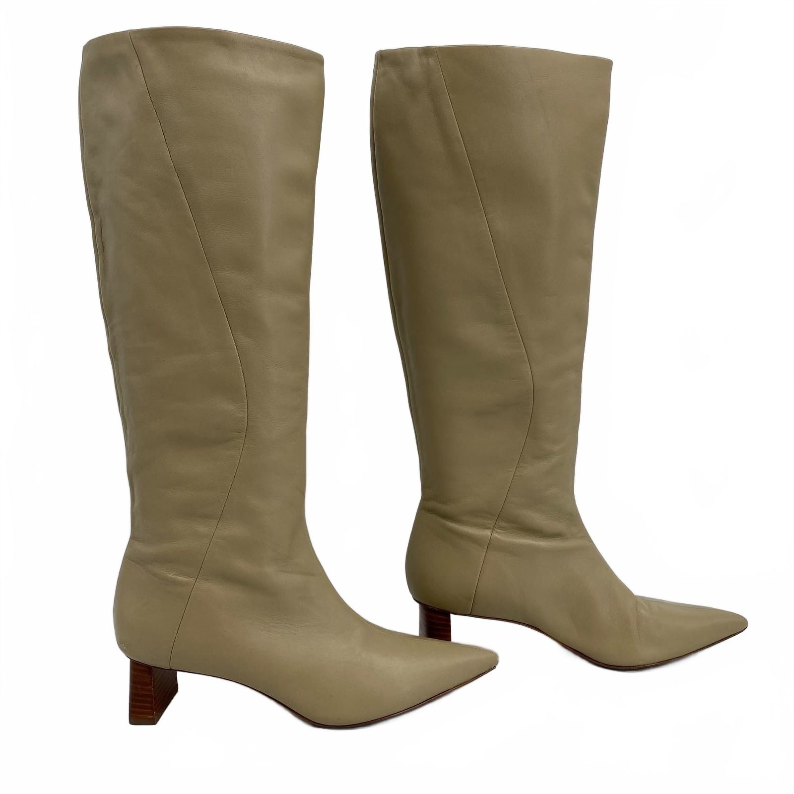 Vince Beige Leather Pointed Toe Heeled Knee-High Boots