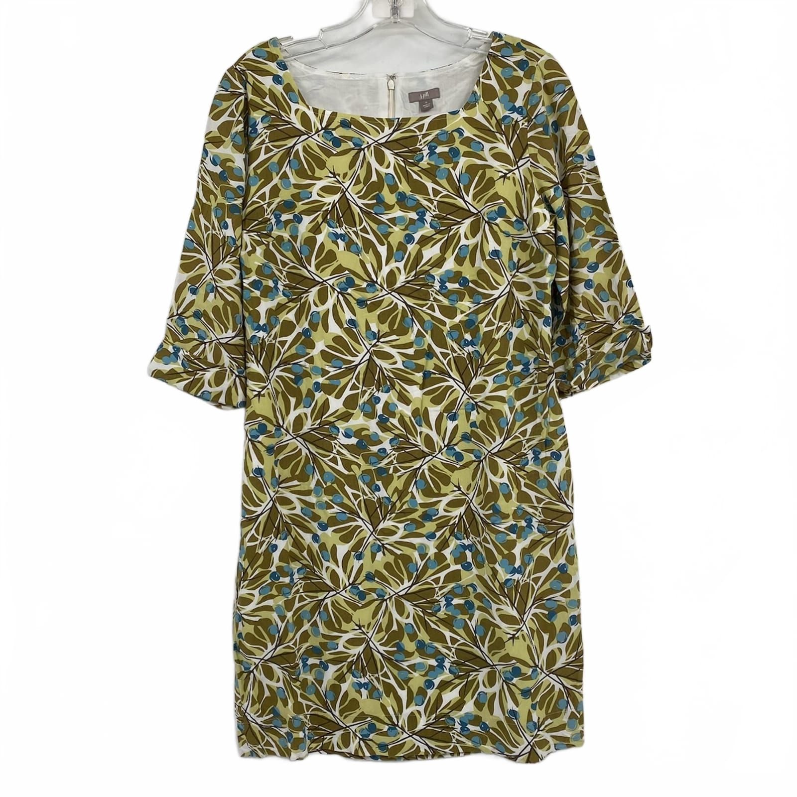 J. Jill Green/Blue Leaf Print Square Neck Mini Dress