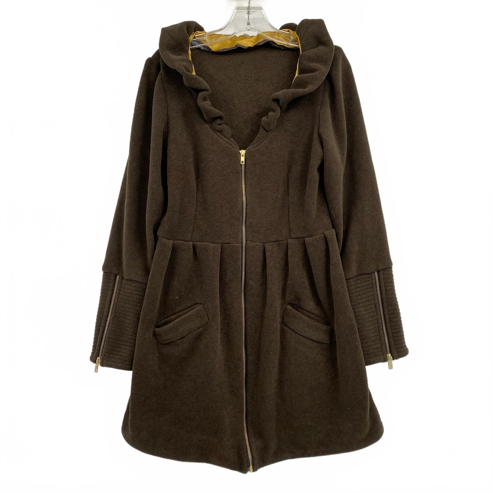 Isaac Hers Brown Ruffle Collar Knit Zip-Up Jacket
