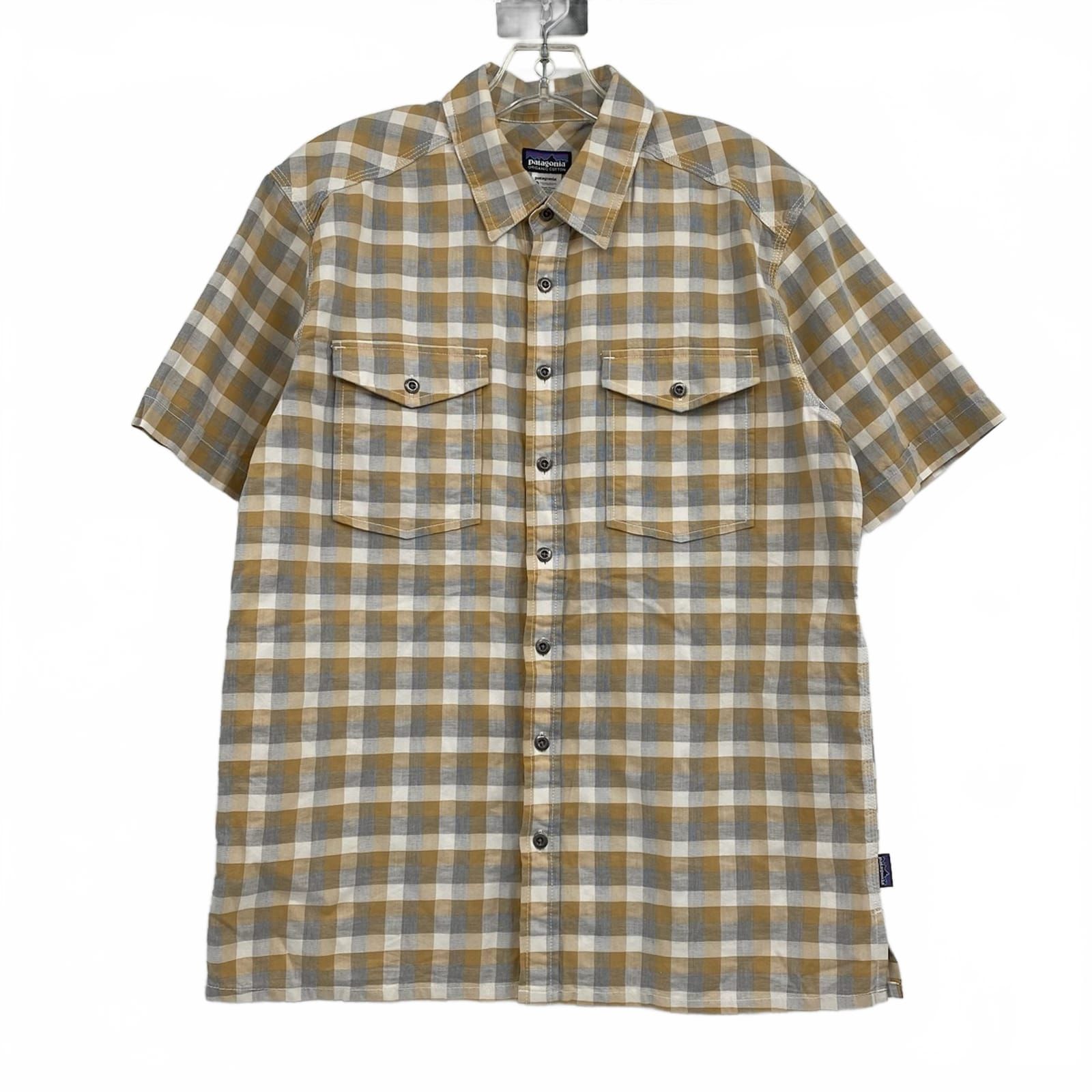 Patagonia Beige Gray Checkered Short Sleeve Button Down Shirt