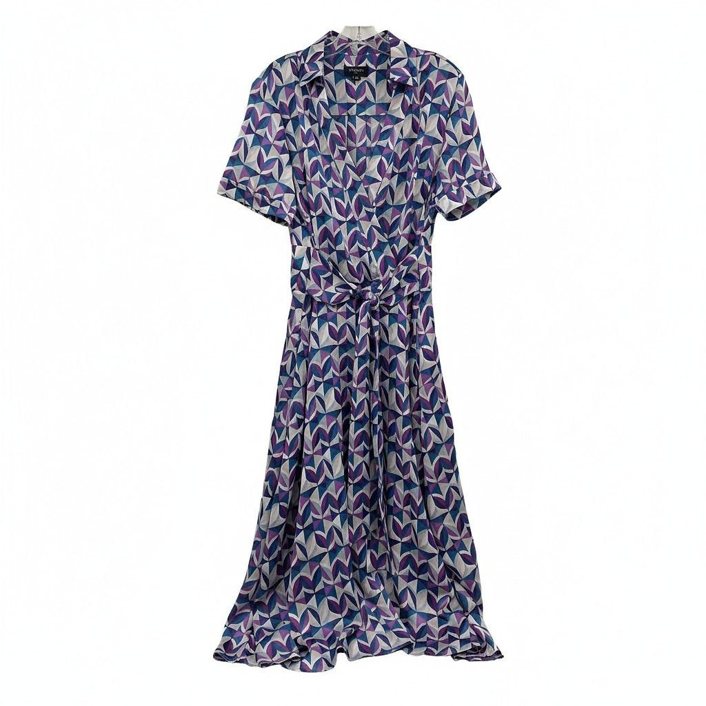 Tahari Purple Blue Geometric Print Satin Collared Midi Dress