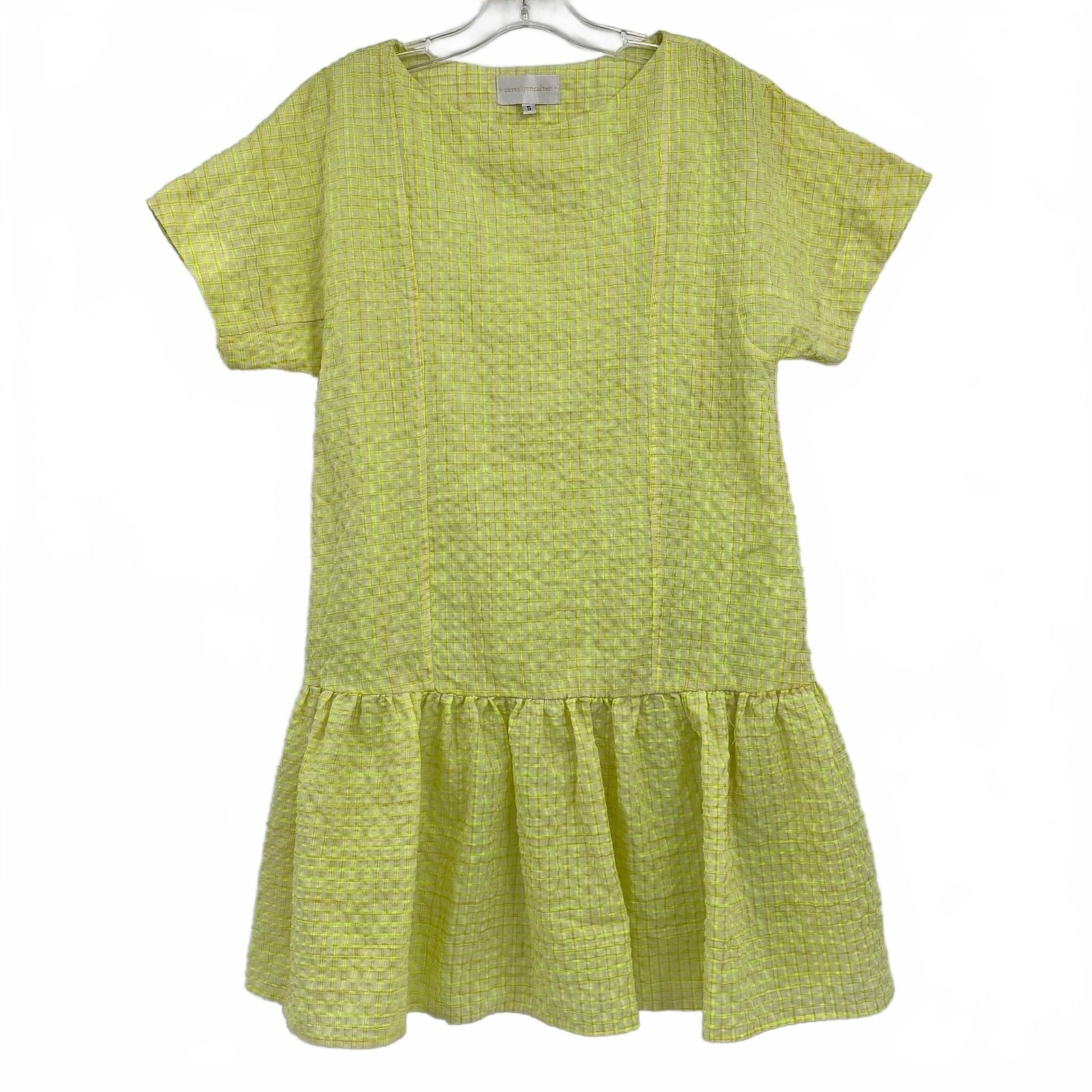 Corey Lynn Calter Neon Green Grid Print Seersucker Mini Dress