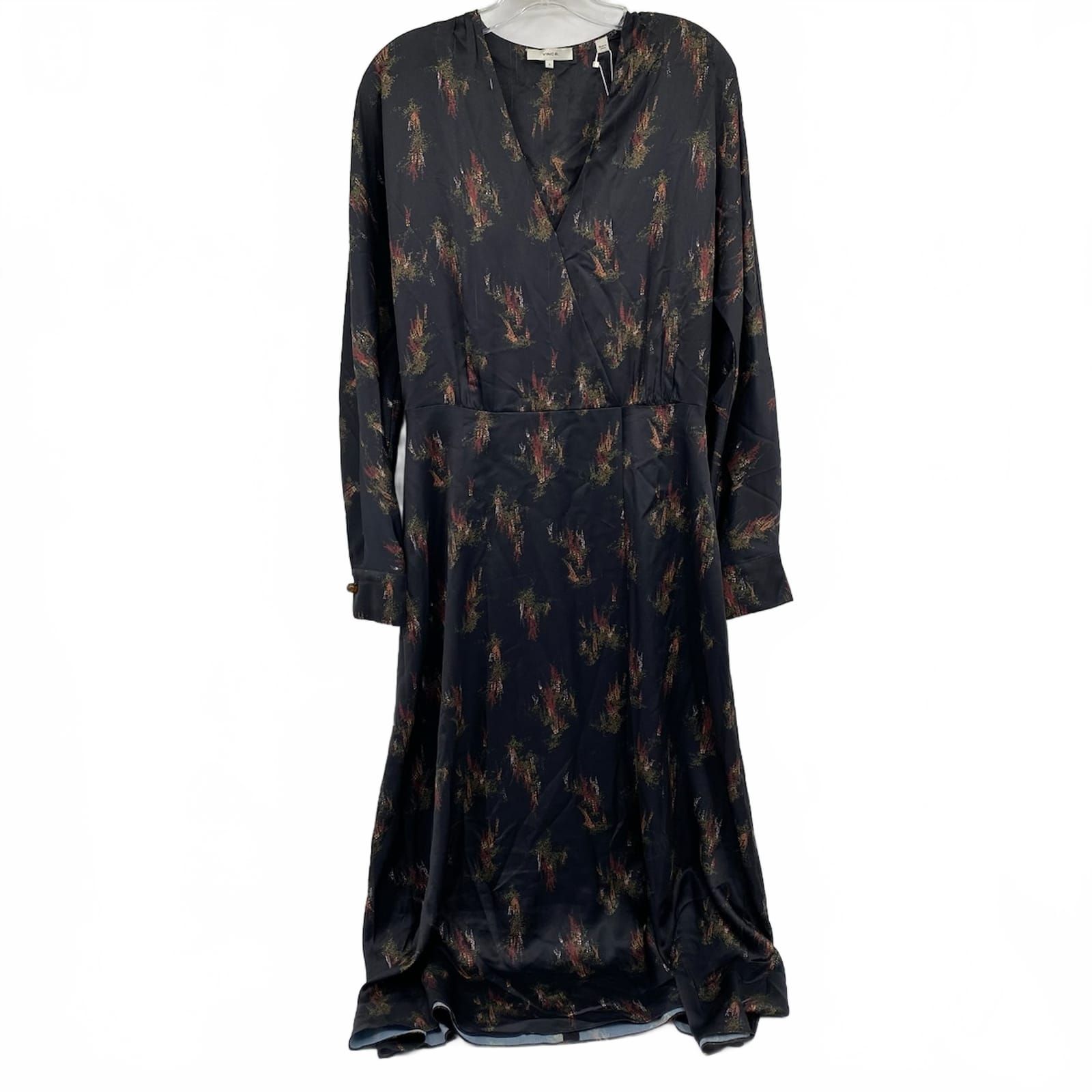 Vince Black Red Satin Long Sleeve Midi Dress