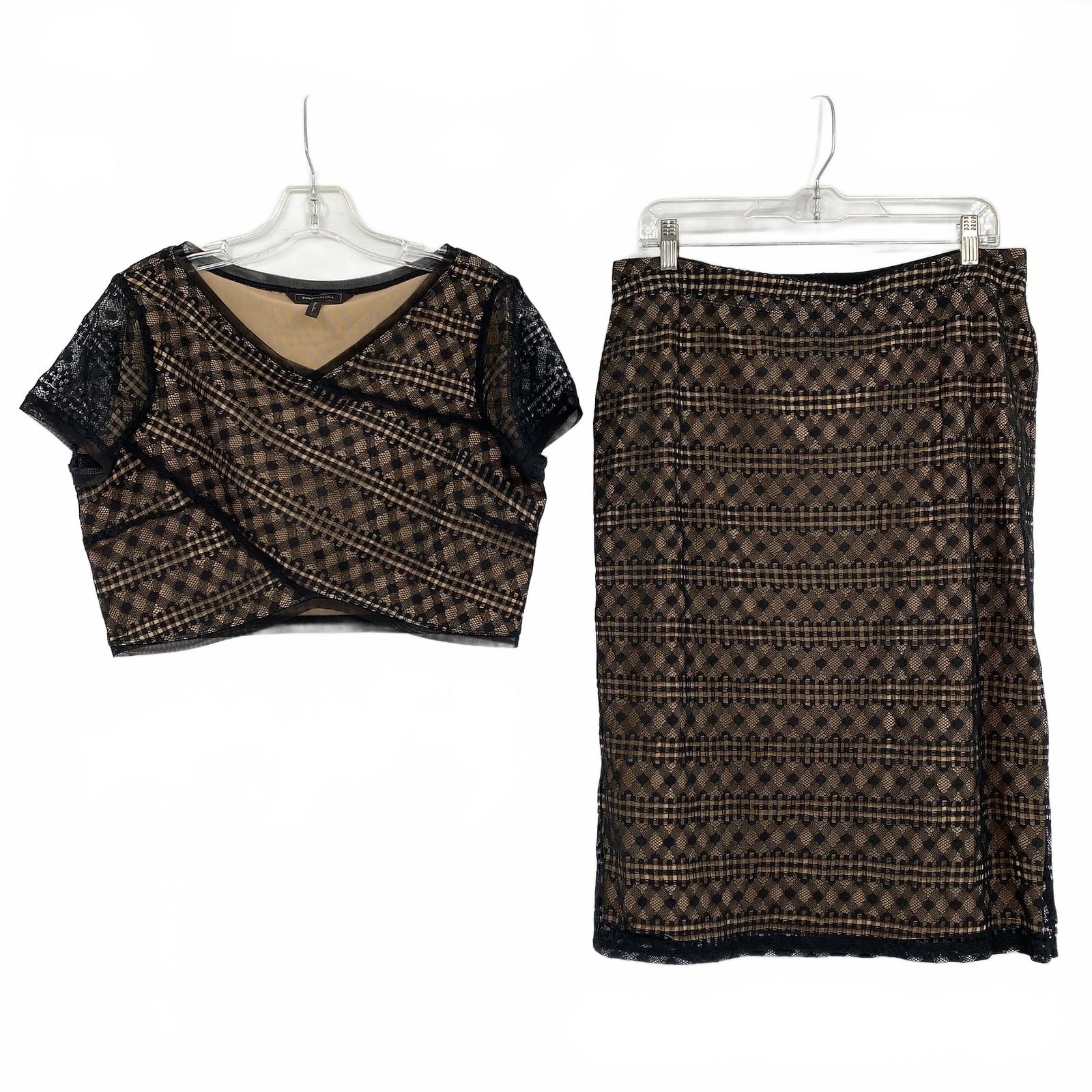 BCBGMaxAzria Black Tan Lace Overlay Cropped Top and Pencil Skirt Set