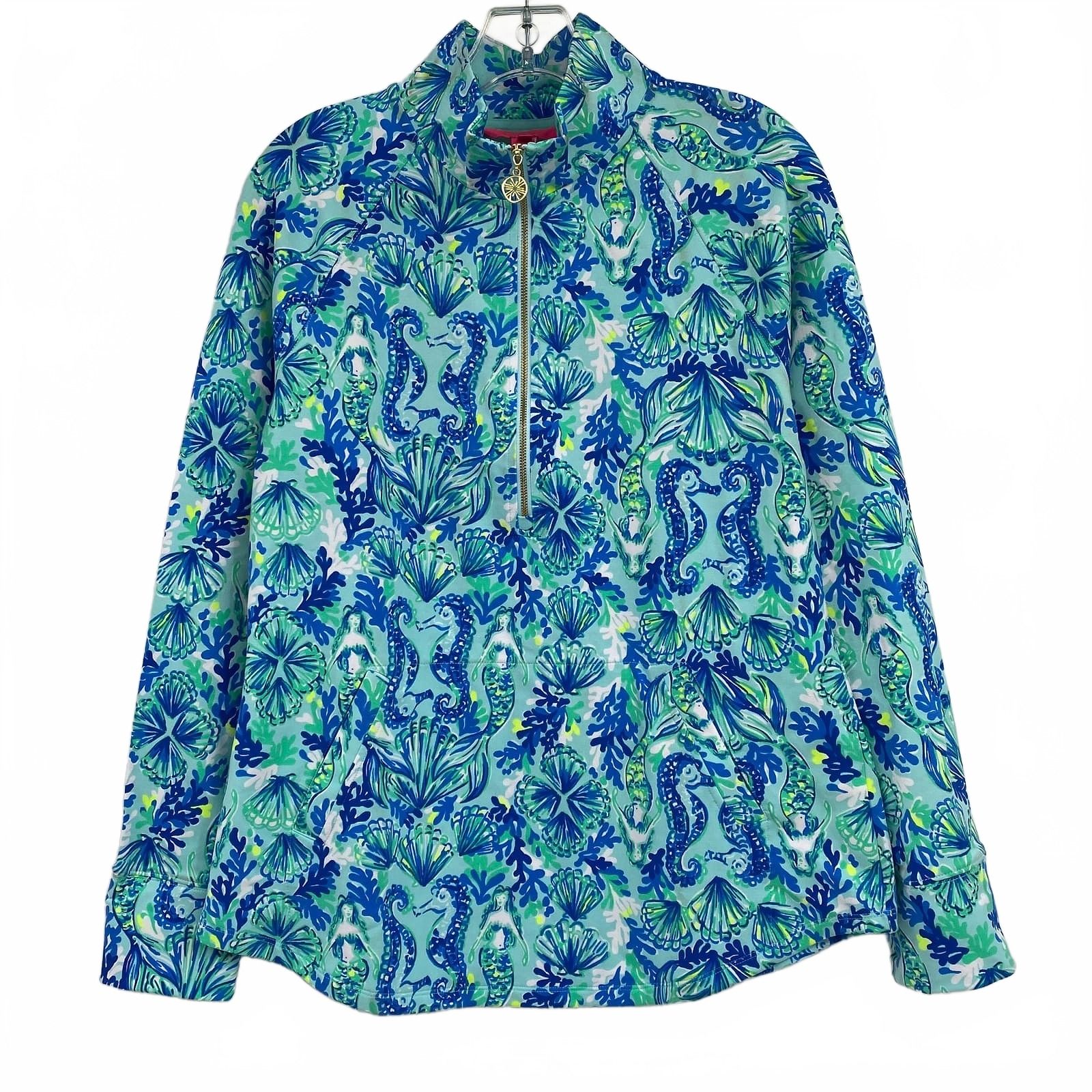 Lilly Pulitzer Green Blue Mermaid & Seahorse Skipper Half Zip Long Sleeve Top