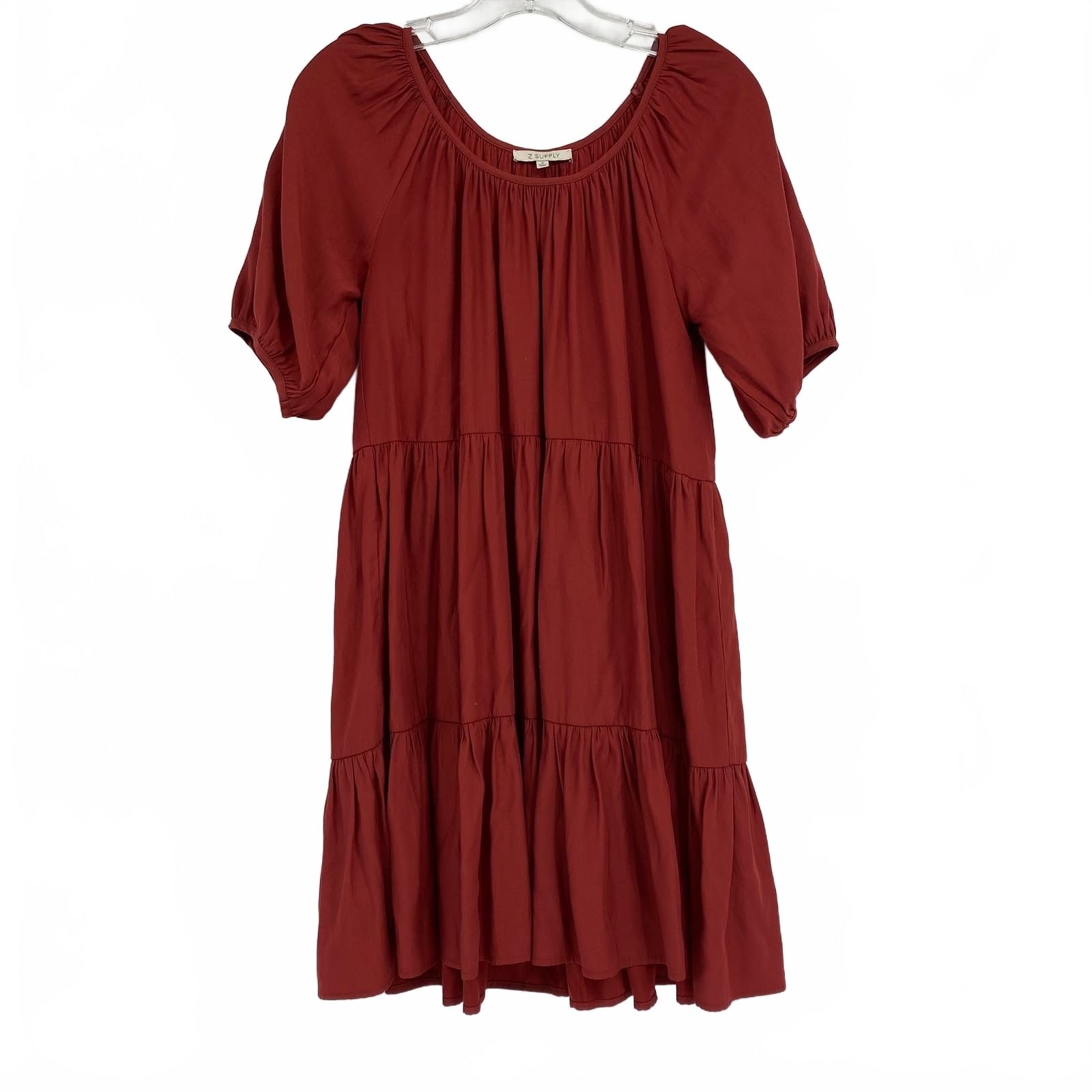 Z Supply Rust Orange Tiered Puff Sleeve Mini Dress