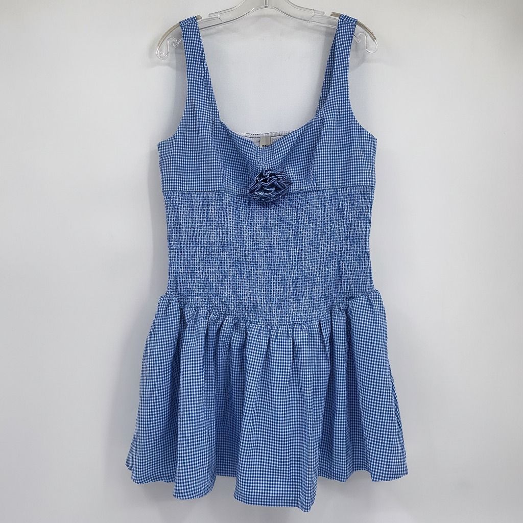 Maeve Blue White Shirred Gingham Rosette Accent Mini Dress