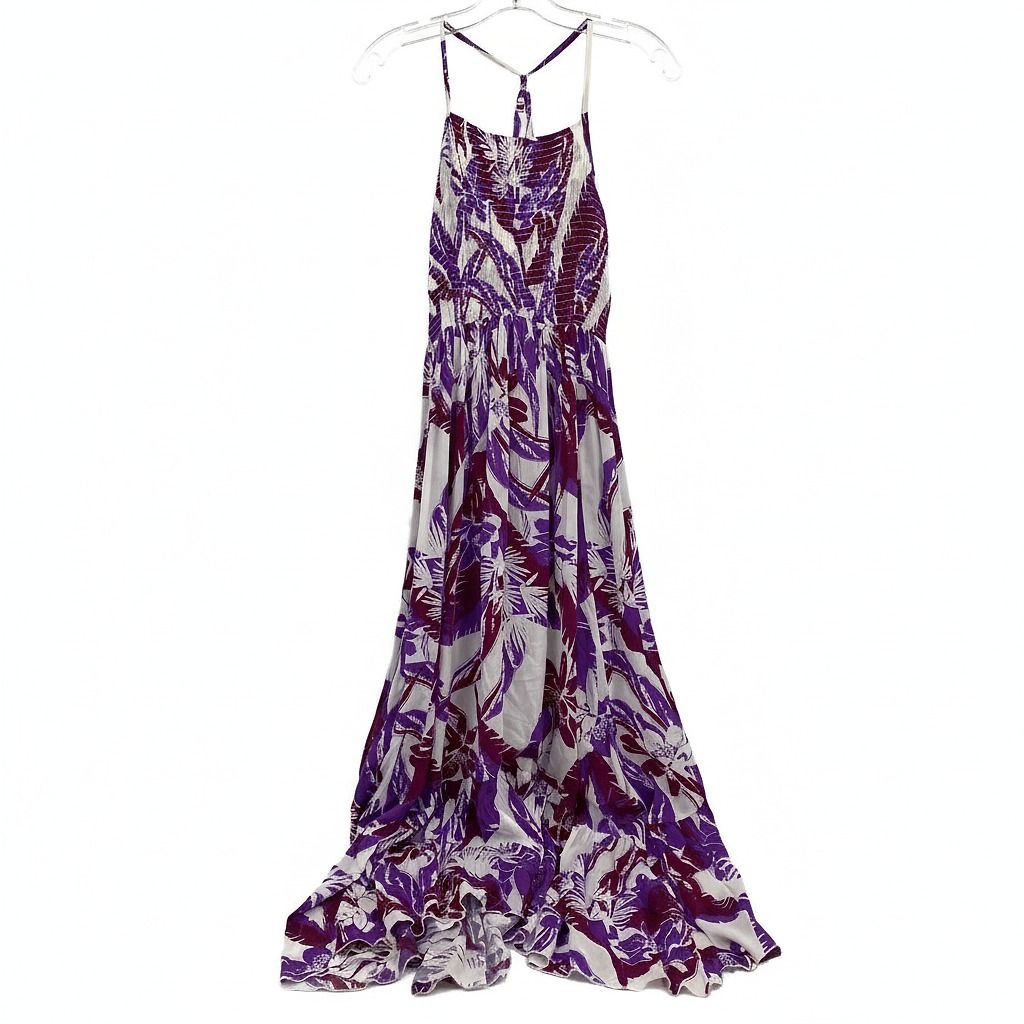 Free People Purple White Floral Pattern Shirred Top Maxi Dress