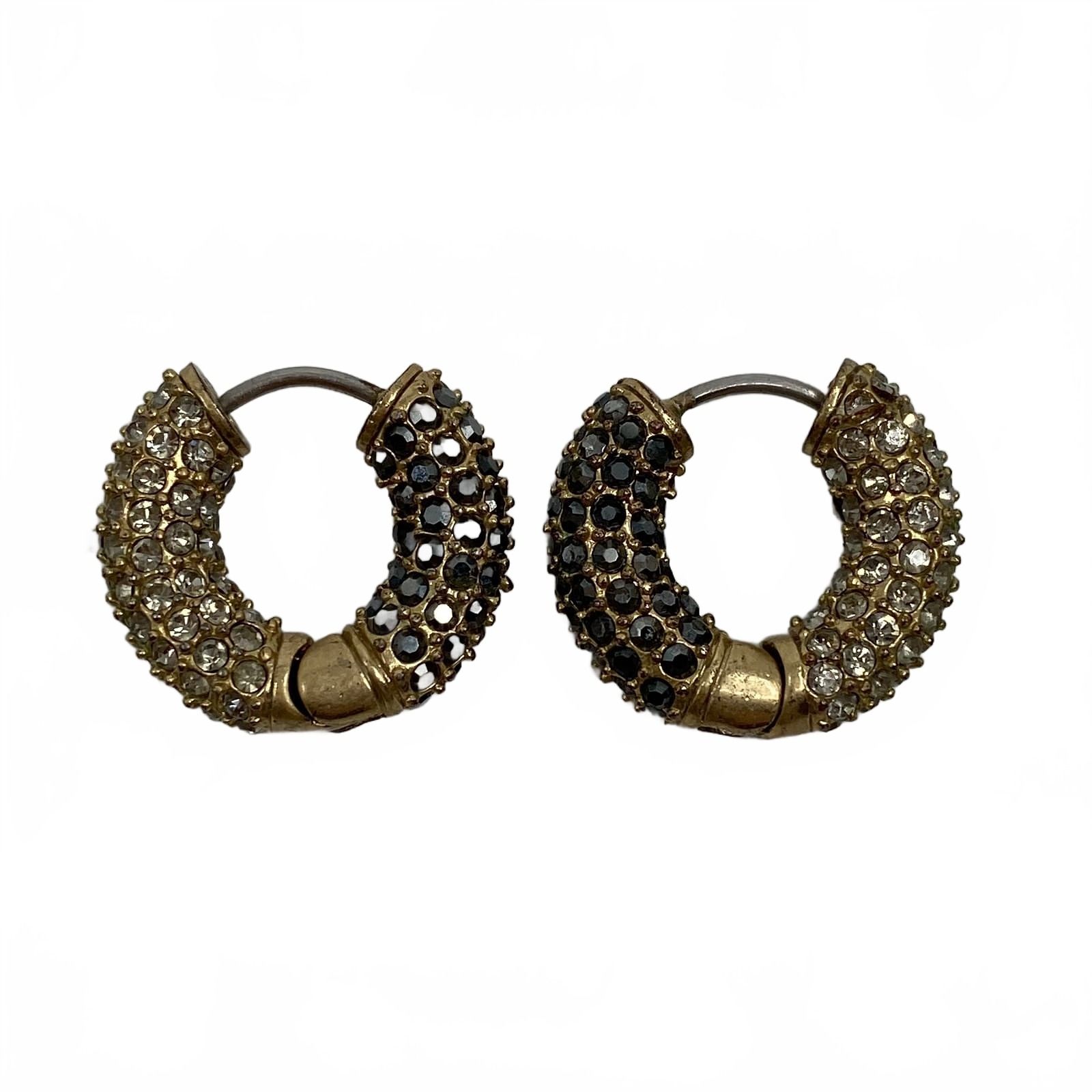 Lia Sophia Gold Black Hinged Rhinestone Hoop Earrings