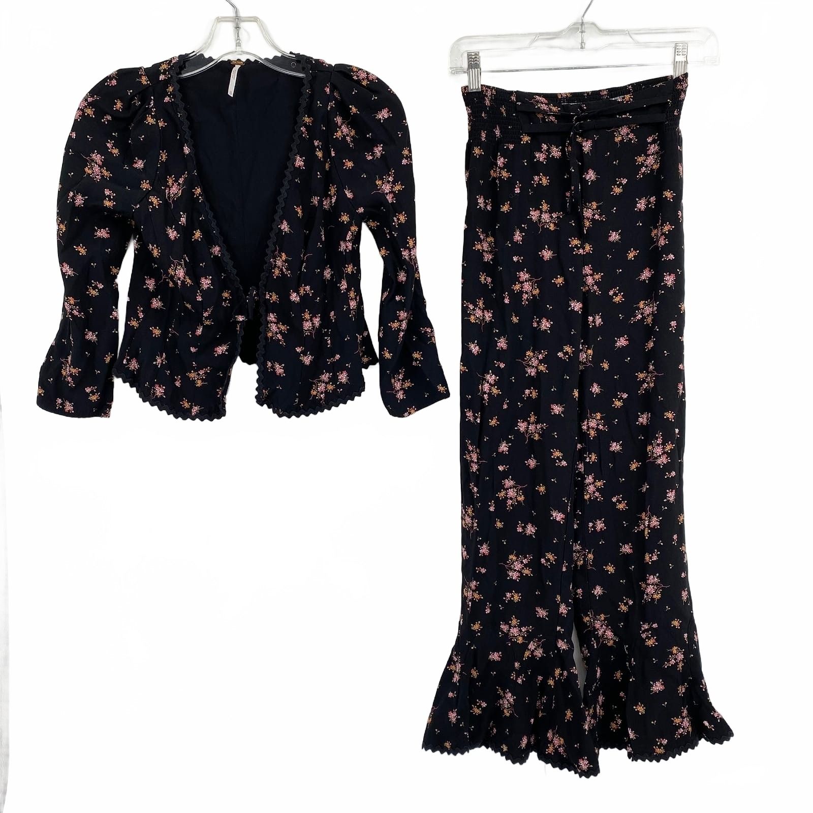Free People Black Pink Floral Blouse
