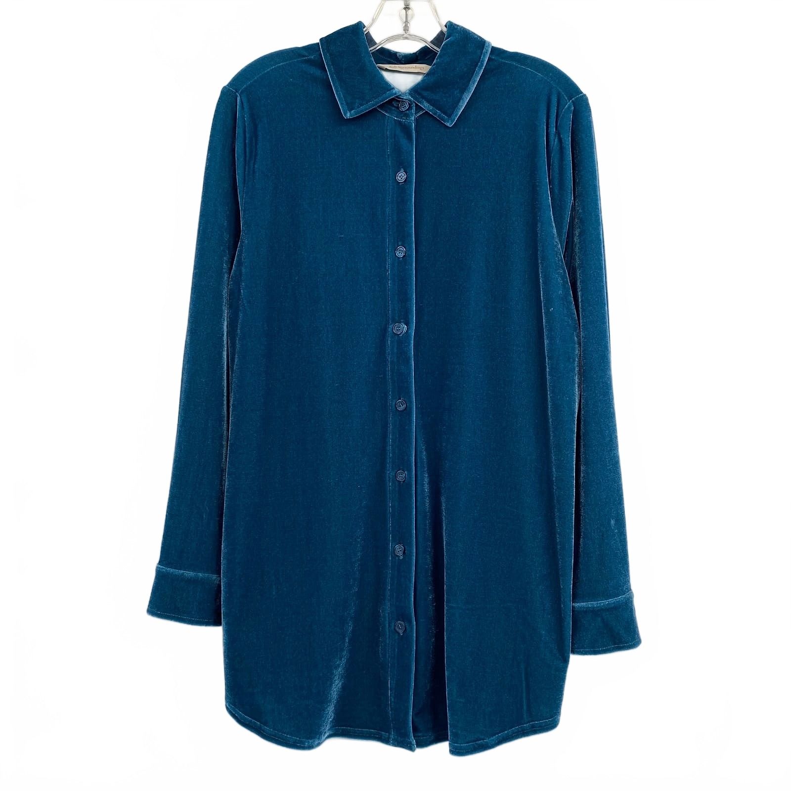 Soft Surroundings Blue Blouse Velvet Button-Down