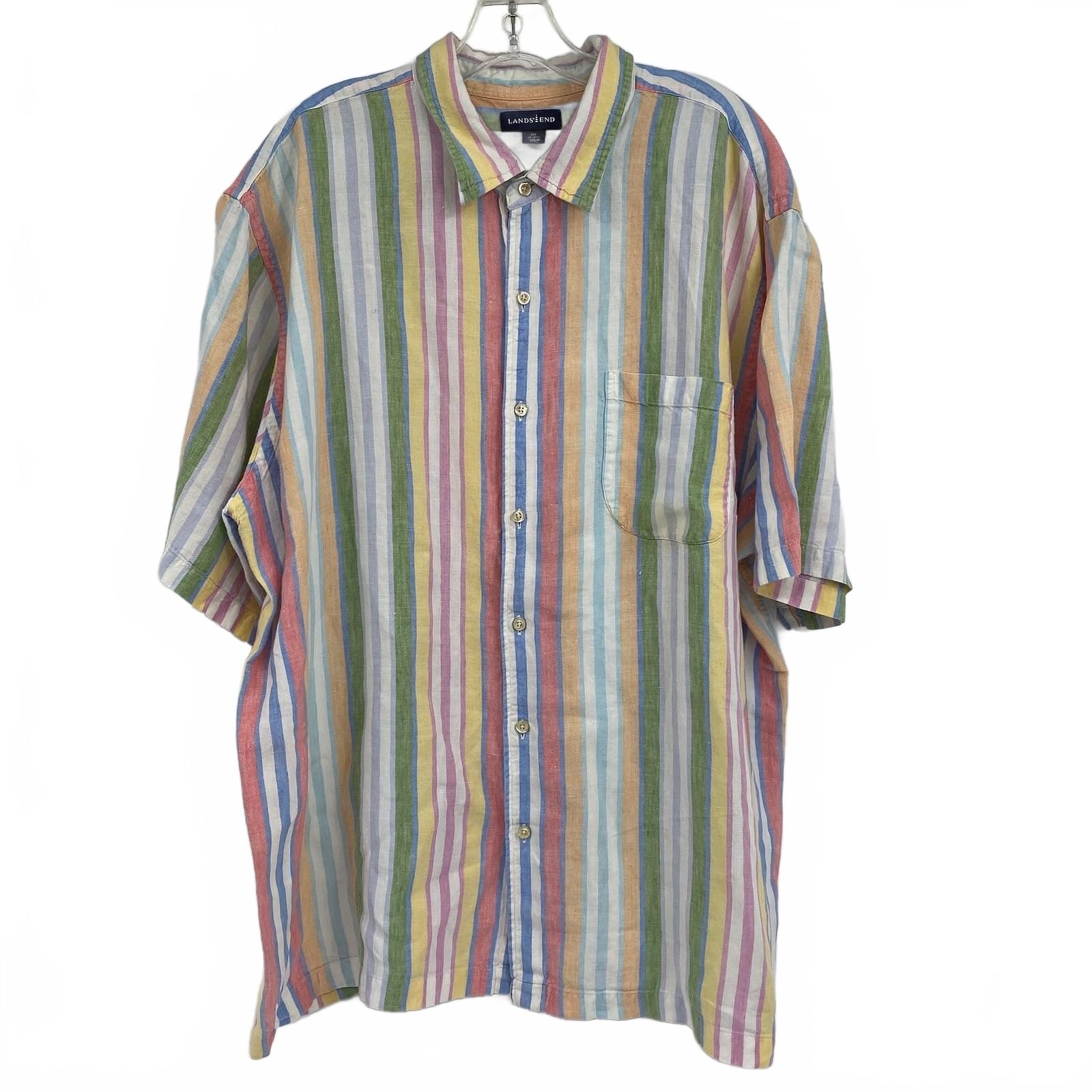 Lands' End Green & Yellow Linen Short Sleeve Casual Button Down Shirt