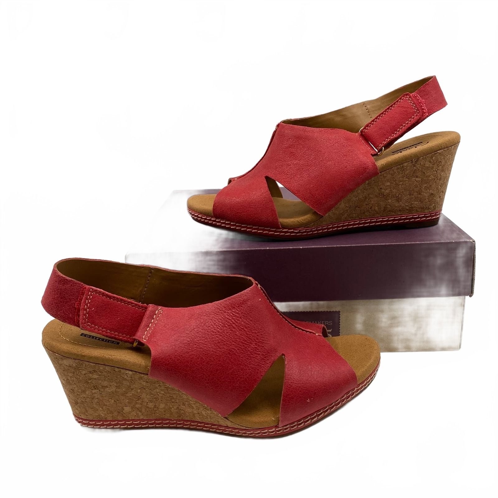 Clarks Red Leather Slingback Wedges