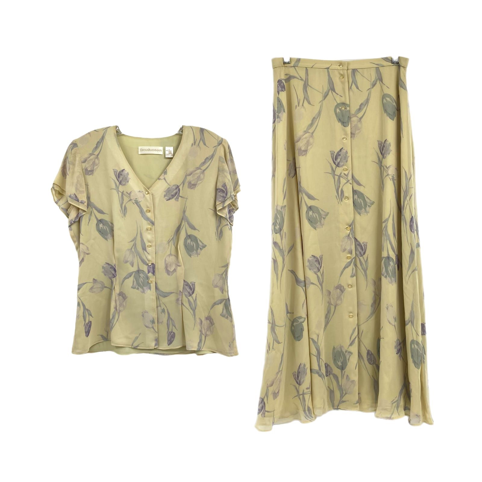 Dana Buchman Yellow Purple Floral Blouse and Maxi Skirt Set