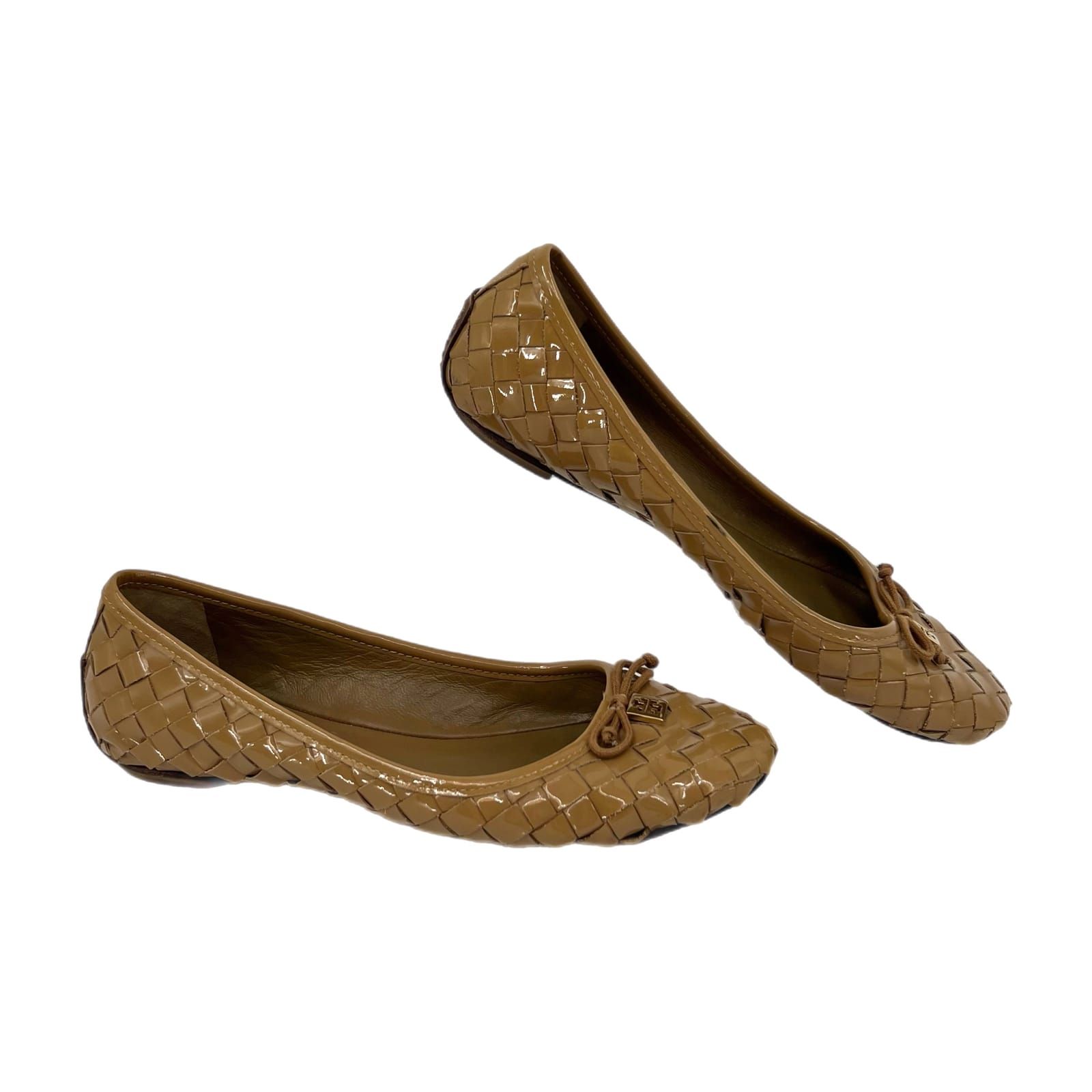 Tory Burch Tan Patent Leather Woven Flats