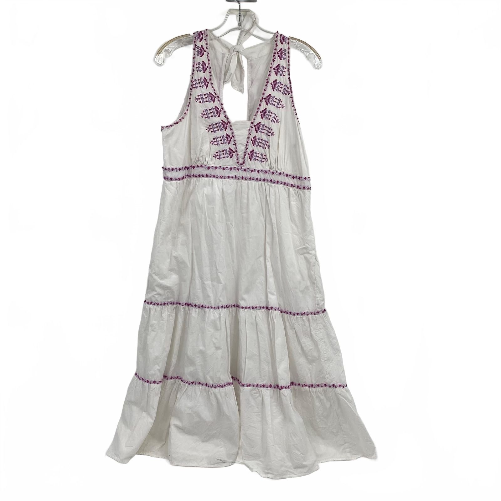 Anthropologie Maxi Dress White Purple Embroidered 100% Cotton