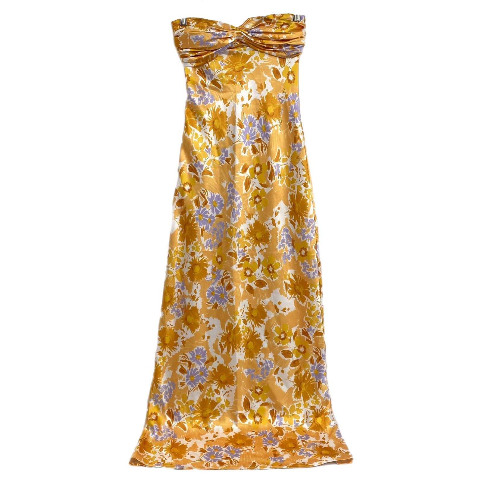Beginning Boutique Yellow Blue Floral Satin Maxi Dress