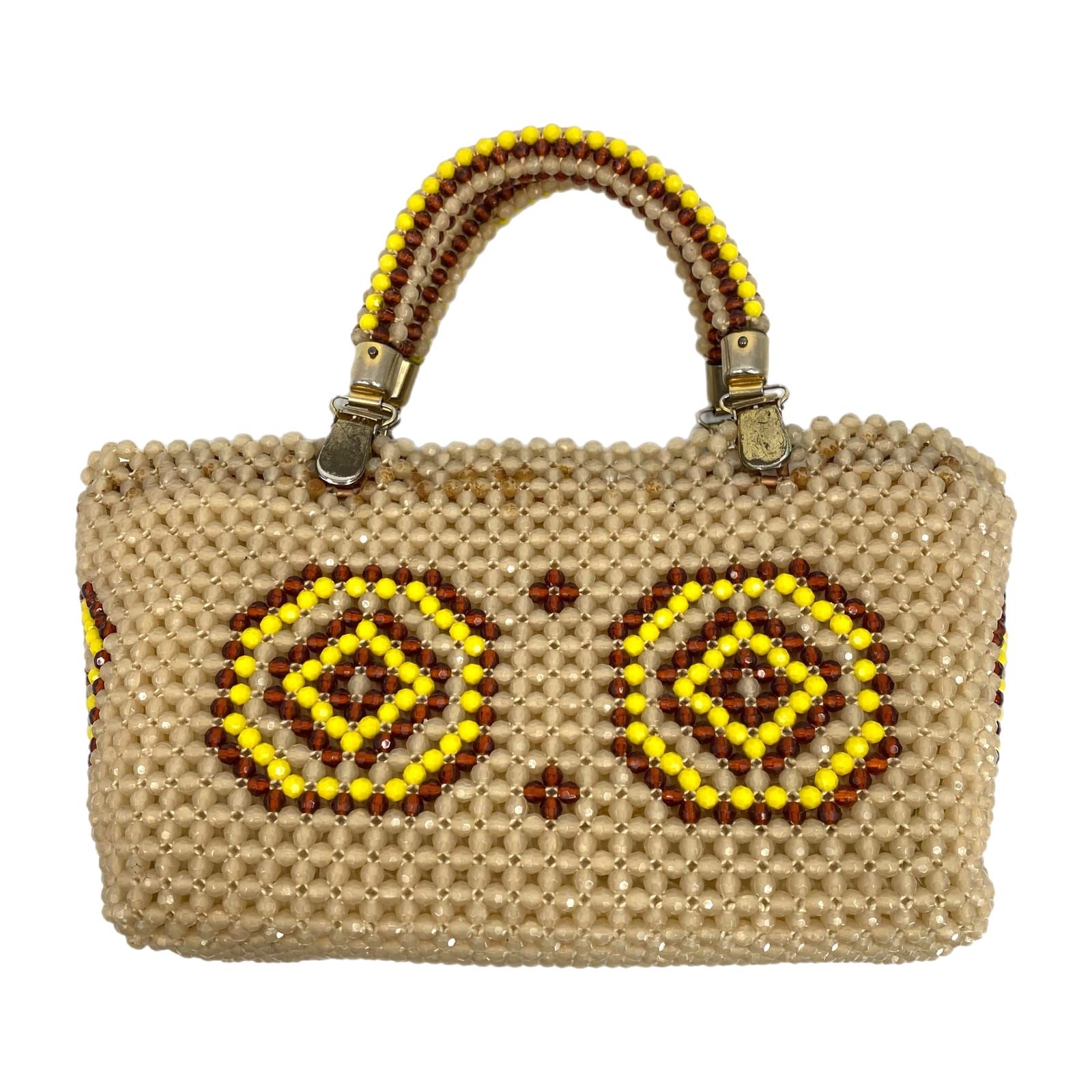 Vintage Beige Yellow Beaded Mini Top Handle Bag