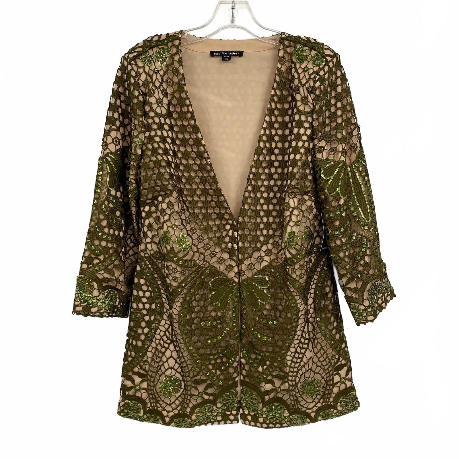 Boston Proper Green Beige Sequin Crochet Jacket