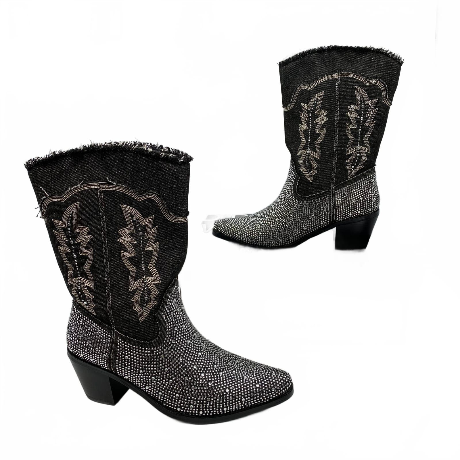 Wild Diva Black Denim Western Heeled Boots