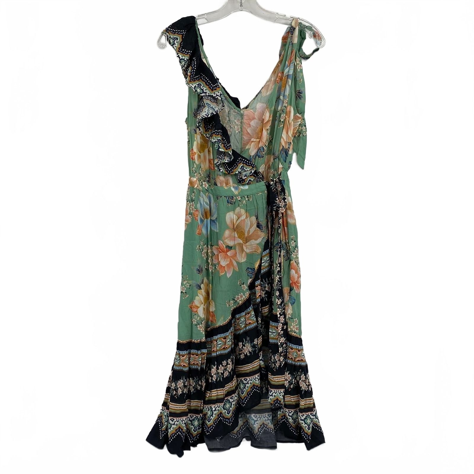 FARM Rio Green Orange Midi Dress Floral Wrap