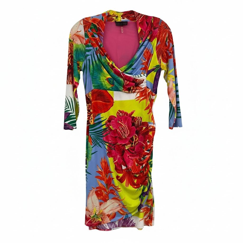 Hale Bob Red Green Multicolor Tropical Print Long Sleeve Mini Dress