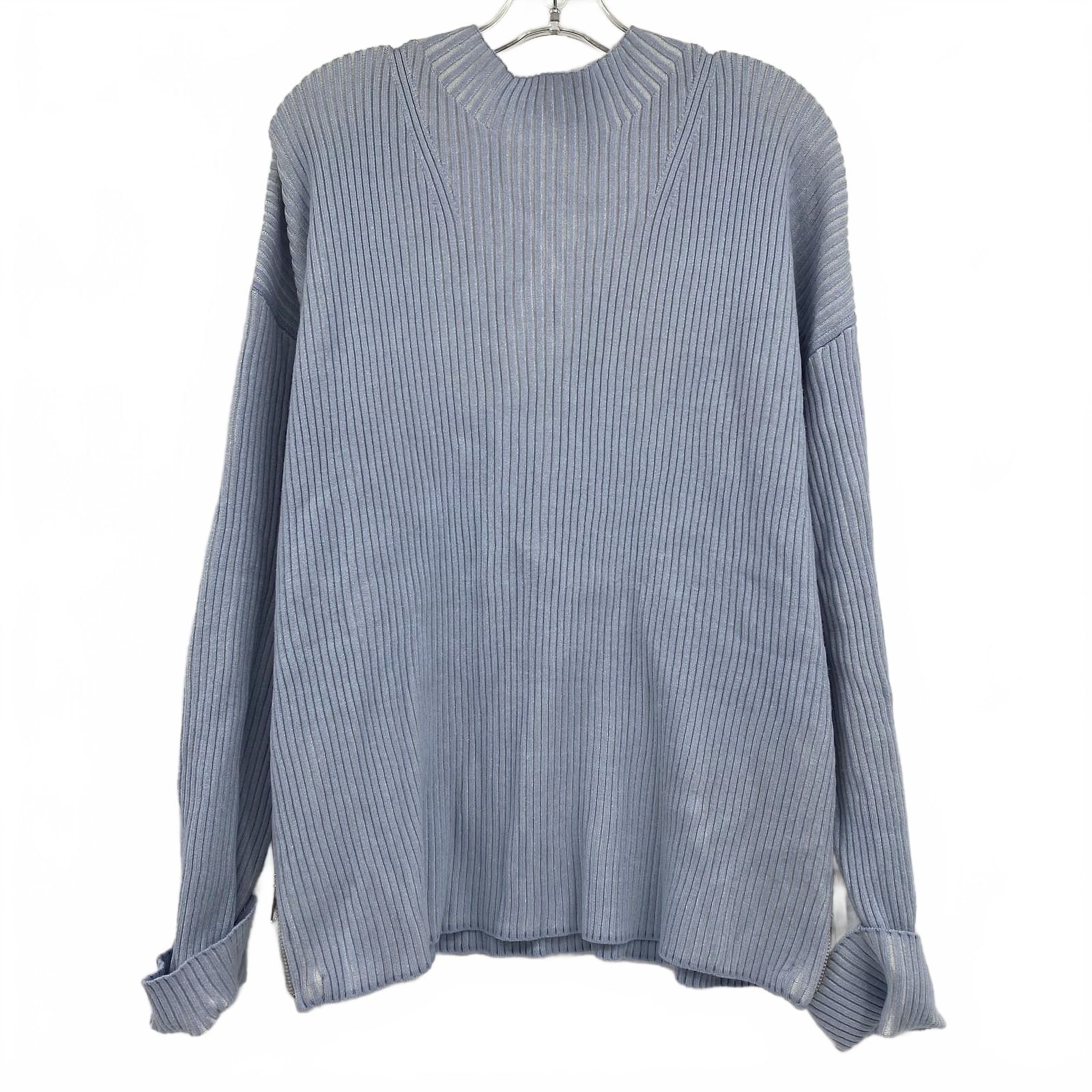 Varley Blue Ribbed Knit Zipper Accent Sweater