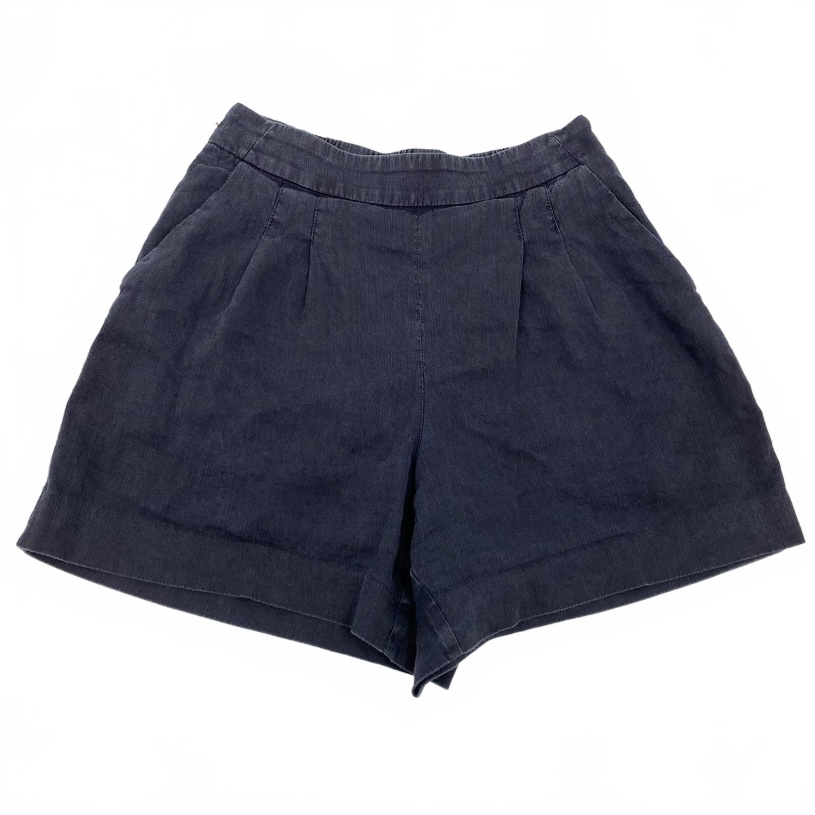 Cuyana Navy Blue Pleated High-Waisted Shorts