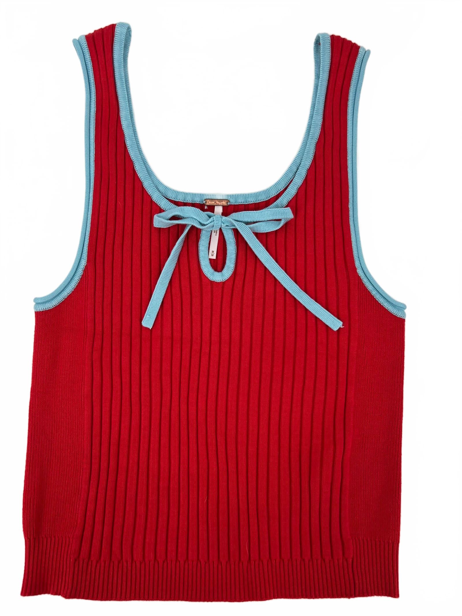Free People Red Tank Top Ribbed Solid Bow Accent