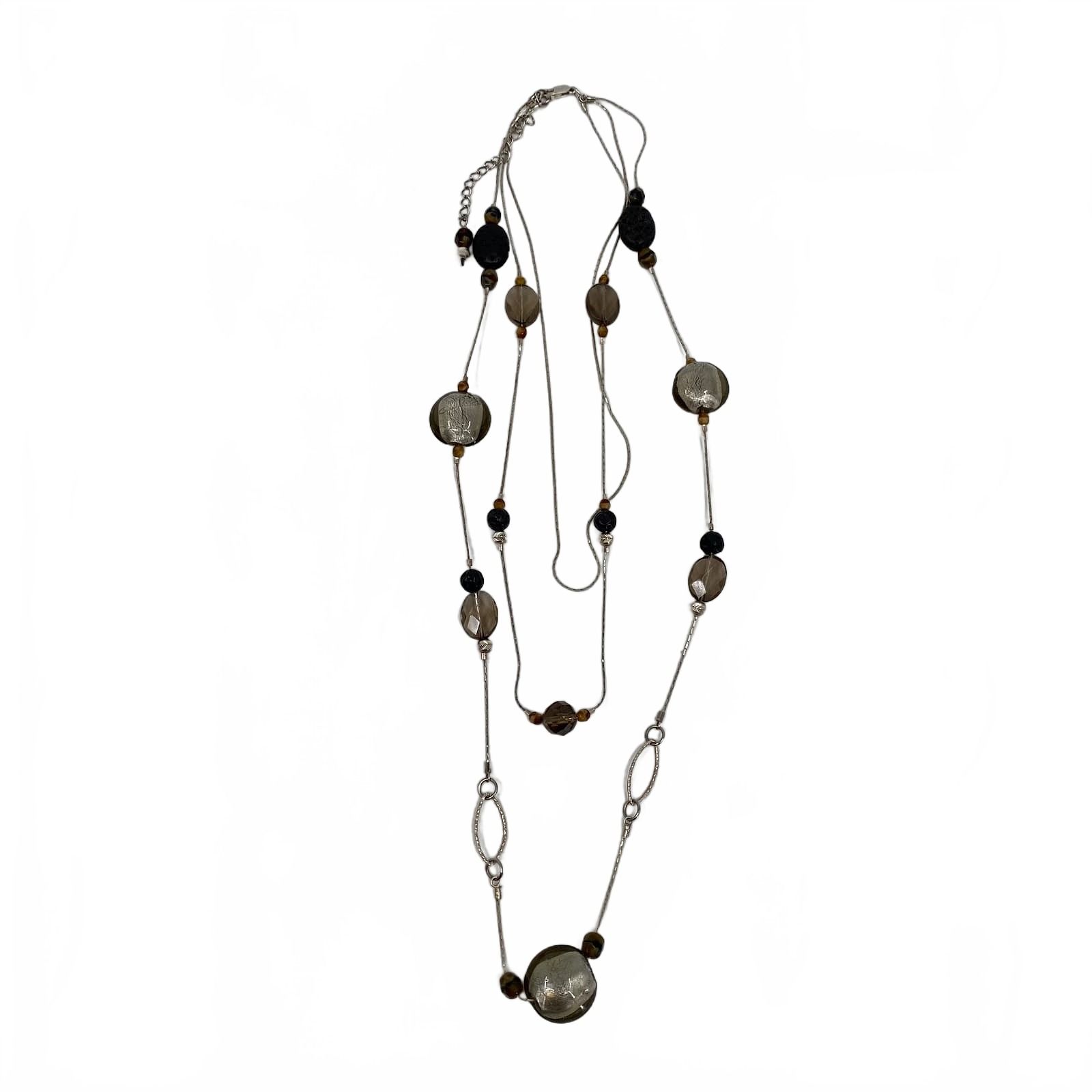 Silver Brown Necklace Layered Beaded Chain