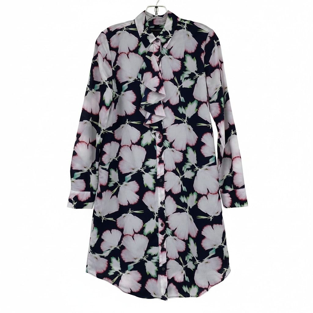 Banana Republic Navy Pink Floral Ruffle Accent Button Up Mini Dress