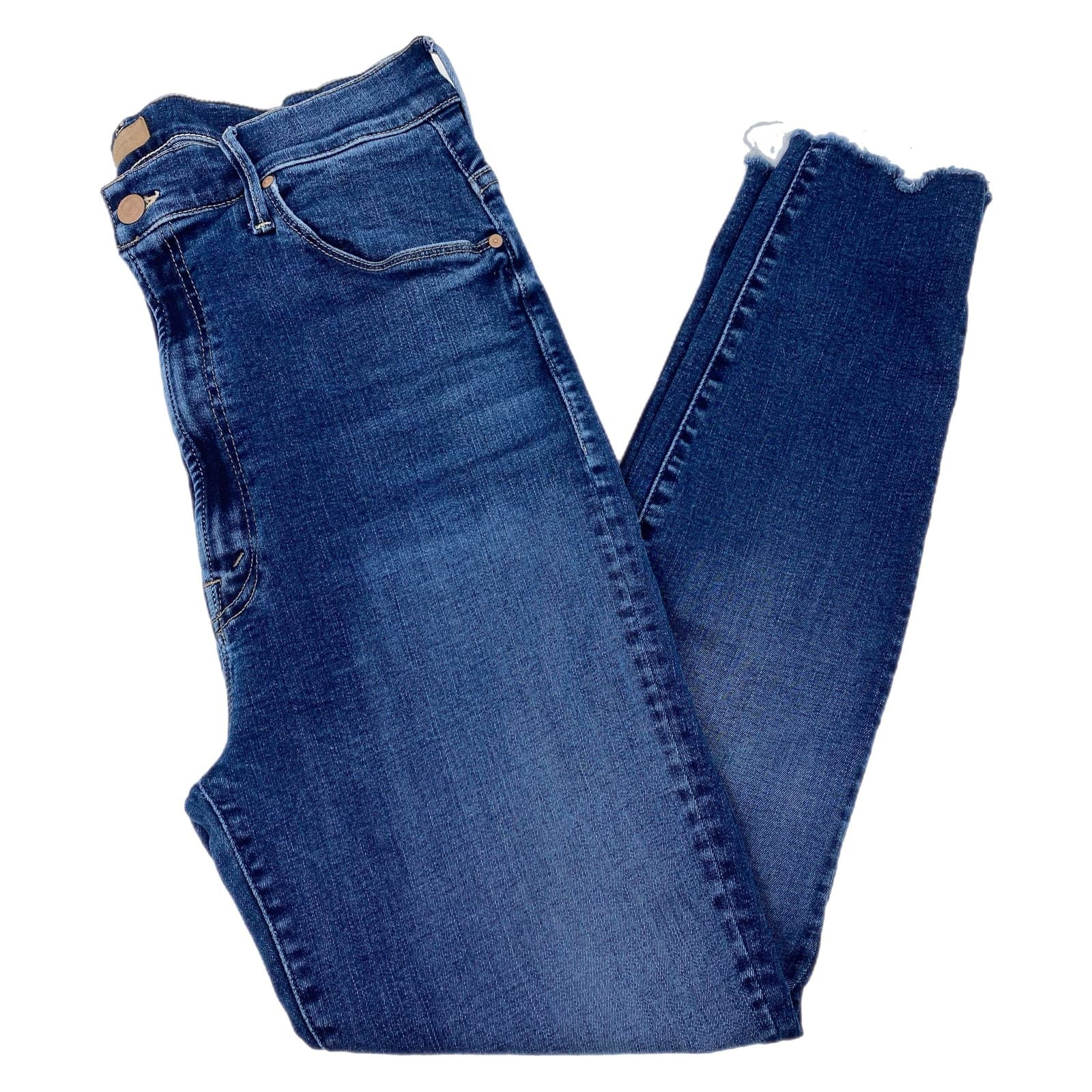MOTHER Dark Wash High Waisted Rail Ankle Fray Skinny Jeans