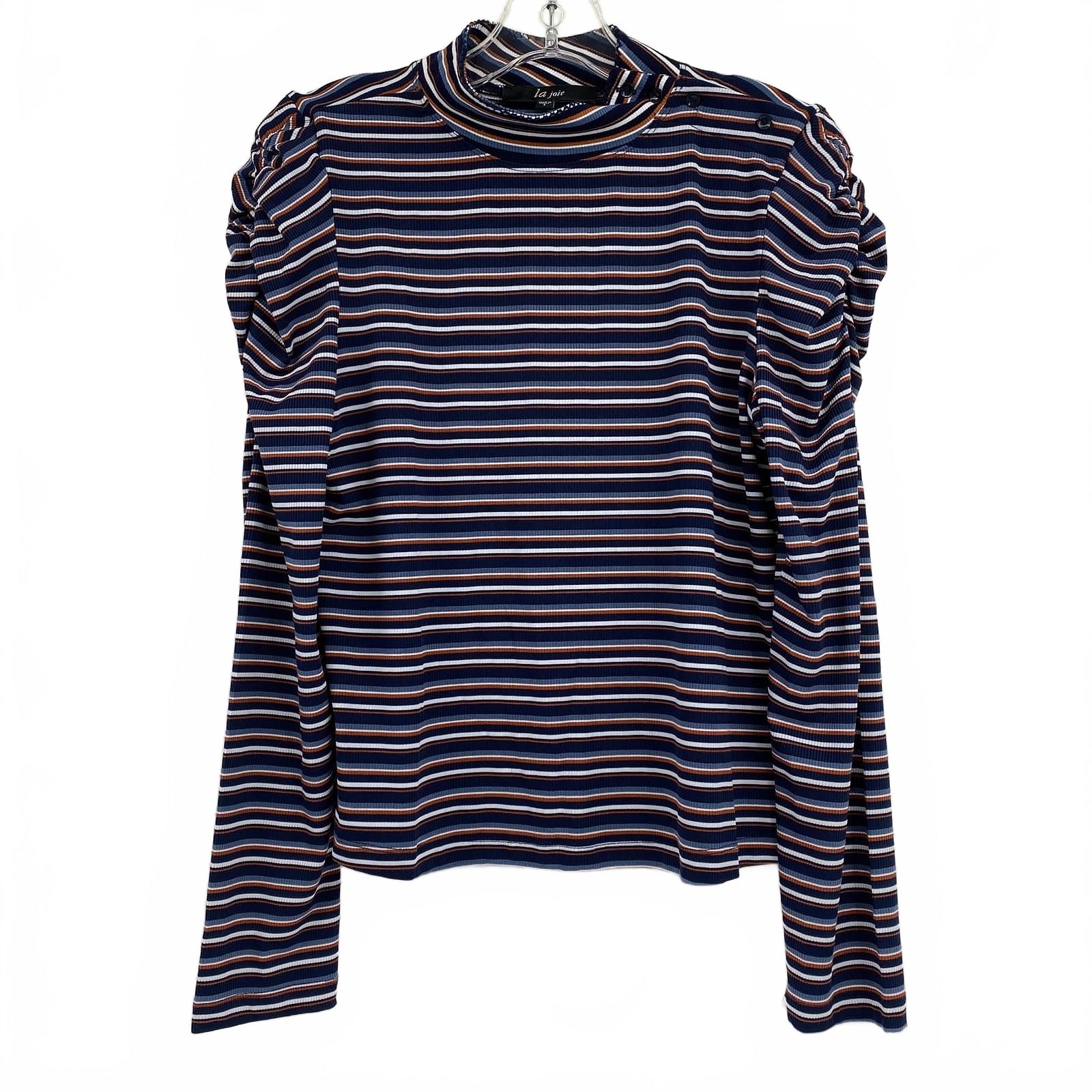 La Joie Navy/Orange Striped Mock Neck Button Accent Top
