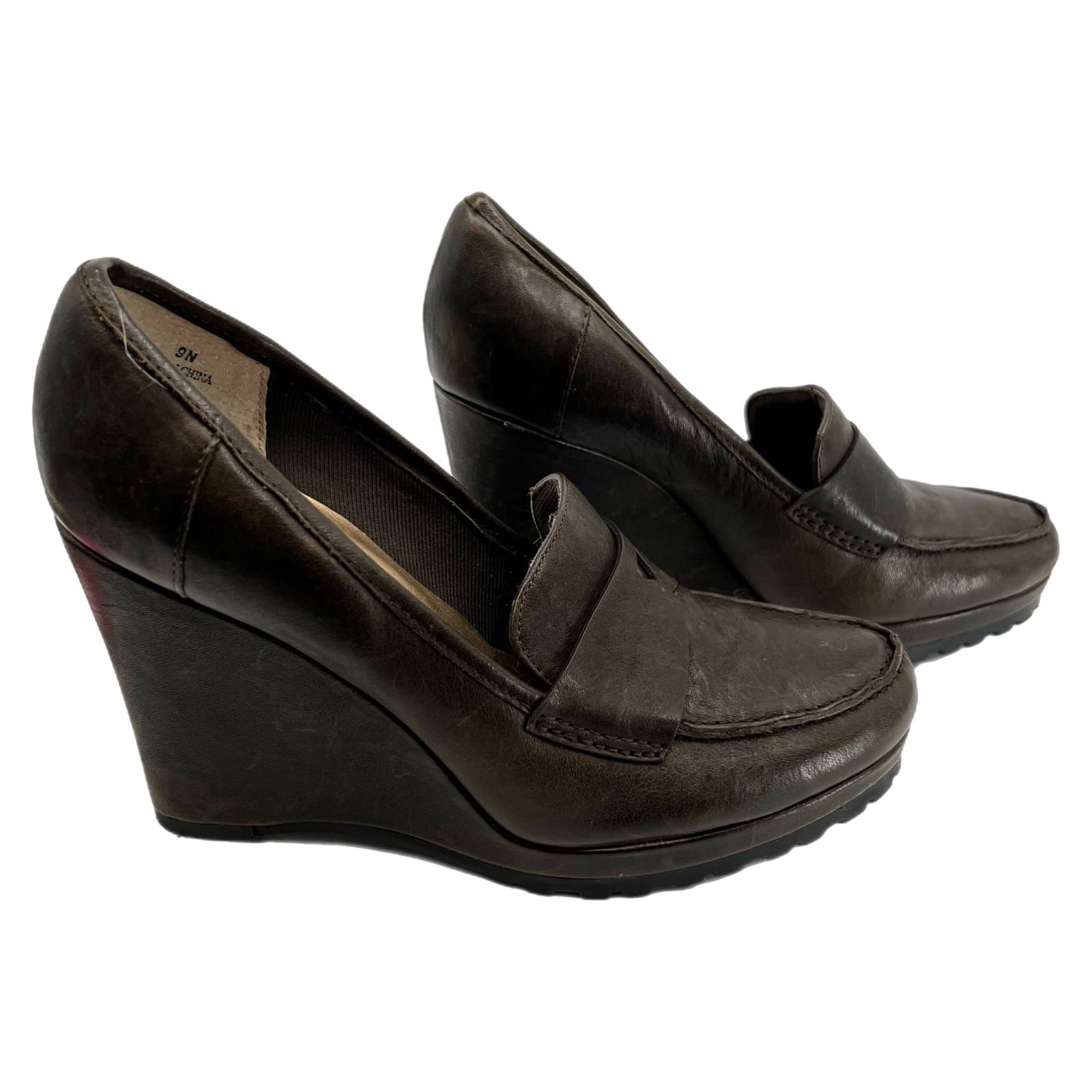 Vaneli Brown Leather High Wedge Shoes