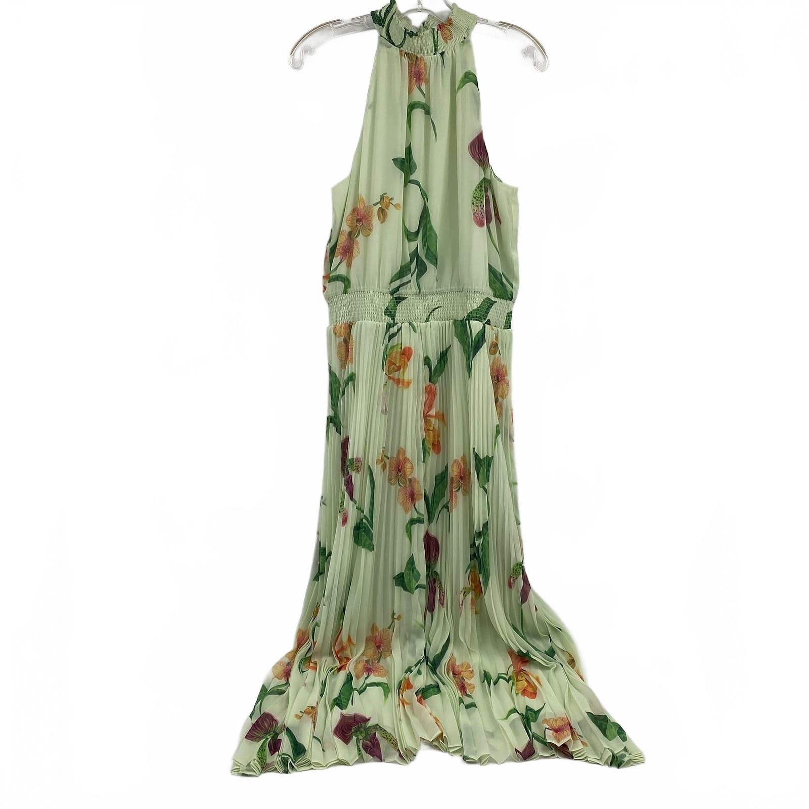 White House Black Market Green Orange Pleated Floral Sleeveless Maxi Dress