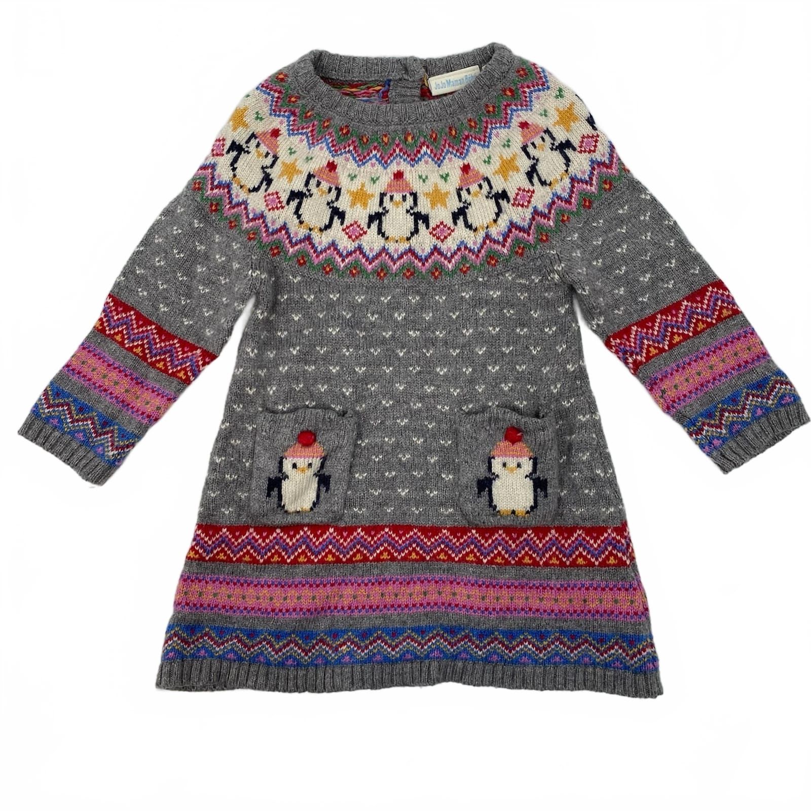JoJo Maman Bebe Gray Pink Penguin Knit Mini Sweater Dress
